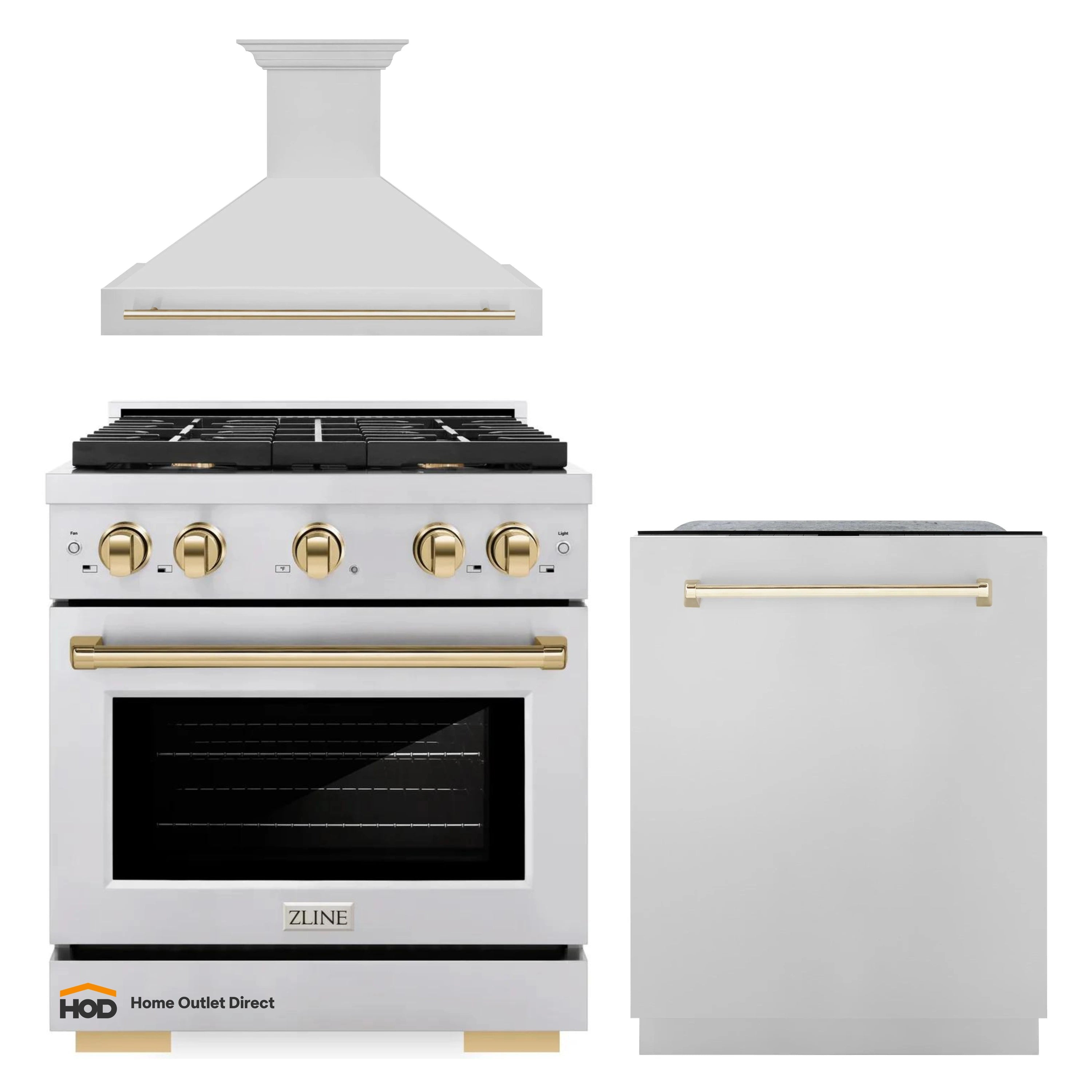 ZLINE Autograph Edition 3-Piece Appliance Package - 30-Inch Gas Range, Wall Mounted Range Hood, & 24-Inch Tall Tub Dishwasher in Stainless Steel with Gold Trim (3AKP-SGRRHDWM30-G)
