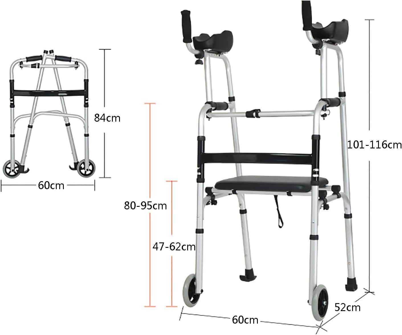 HAILM Walking Aid for Adults with Arm Rest Support, Walking Frame for Seniors, Aluminum Foldable and Lightweight, 7 Height Adjustable, Outdoor Indoor Rollator Walker