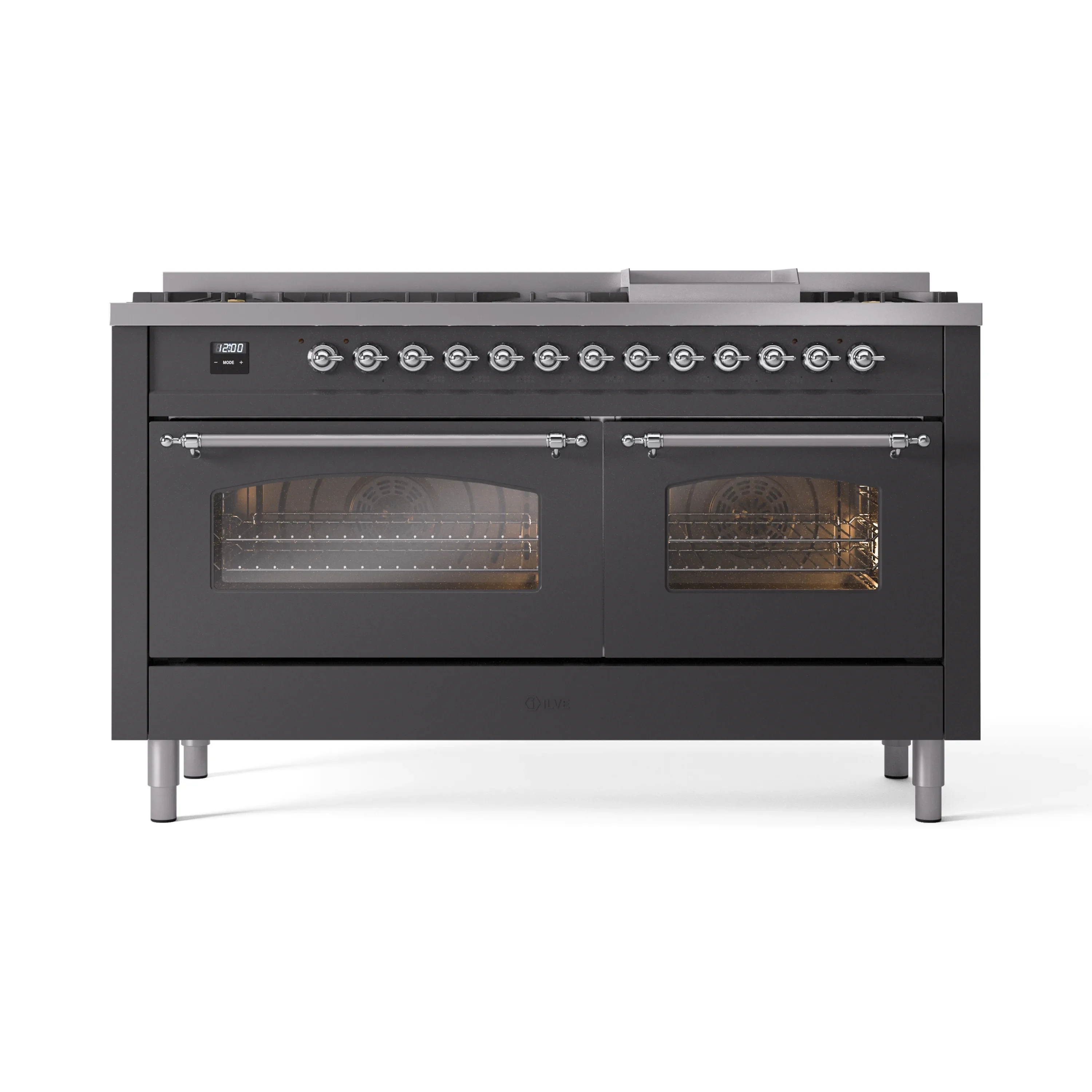 ILVE 60-Inch Nostalgie II Dual Fuel Range with 9 Burners, Griddle and Triple Glass Door Oven in Matte Graphite with Chrome Trim (UP60FNMPMGC)