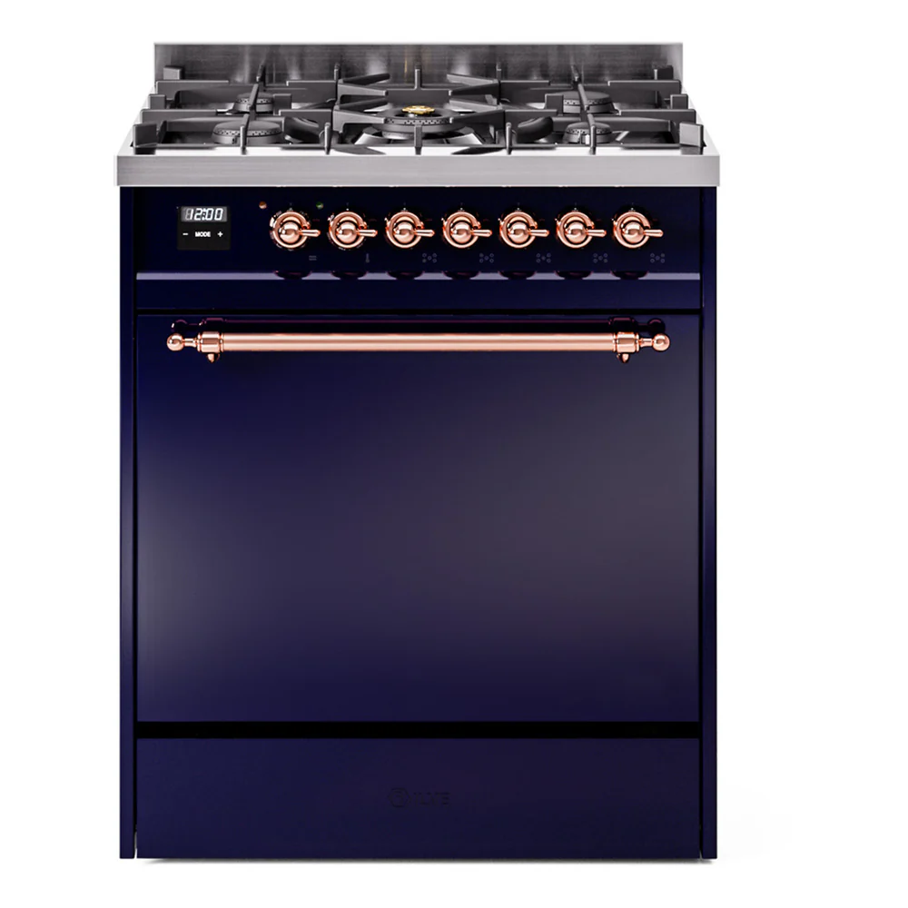 ILVE Nostalgie II 30-Inch Dual Fuel Range with Solid Door in Midnight Blue with Copper Trim (UP30QNMPMBP)