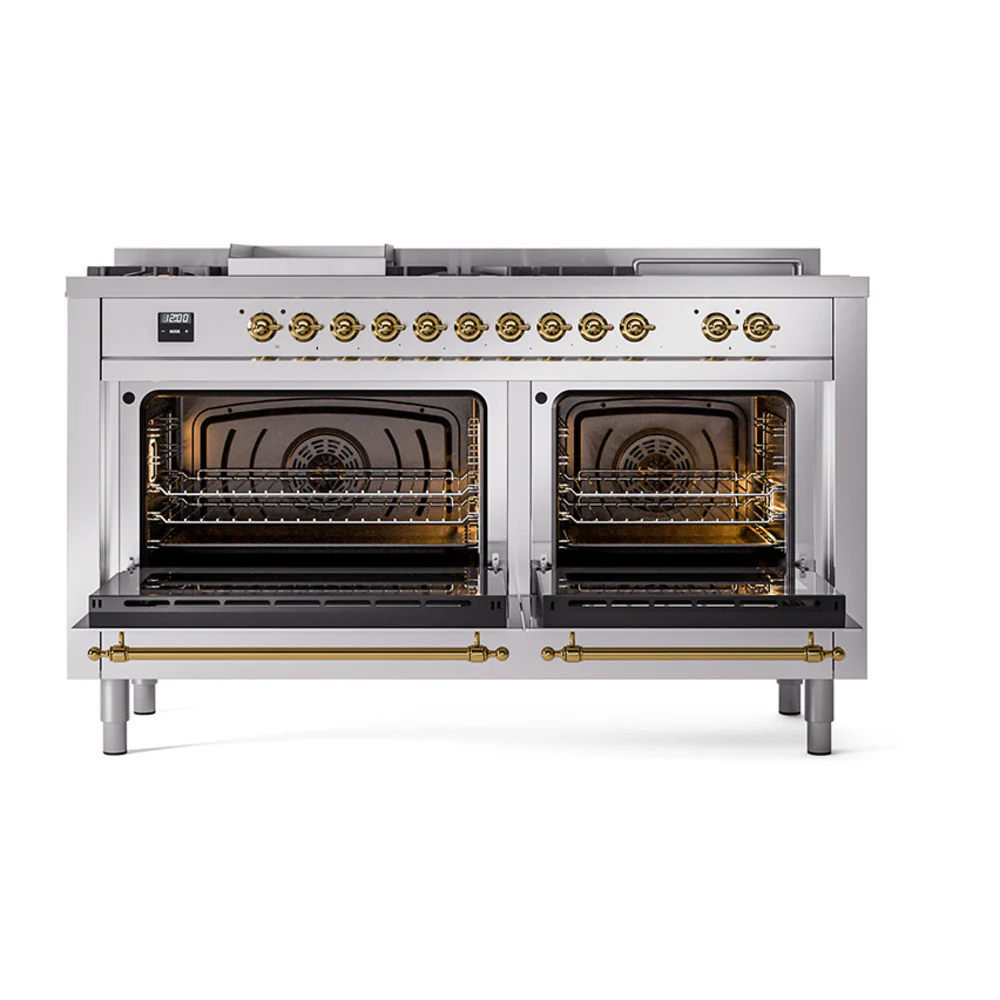 ILVE 60-Inch Nostalgie II Noblesse Dual Fuel Range with 7 Sealed Burners, Gridlde, French Top, and Solid Door Oven in Stainless Steel with Brass Trim (UN60FSQNMPSSG)