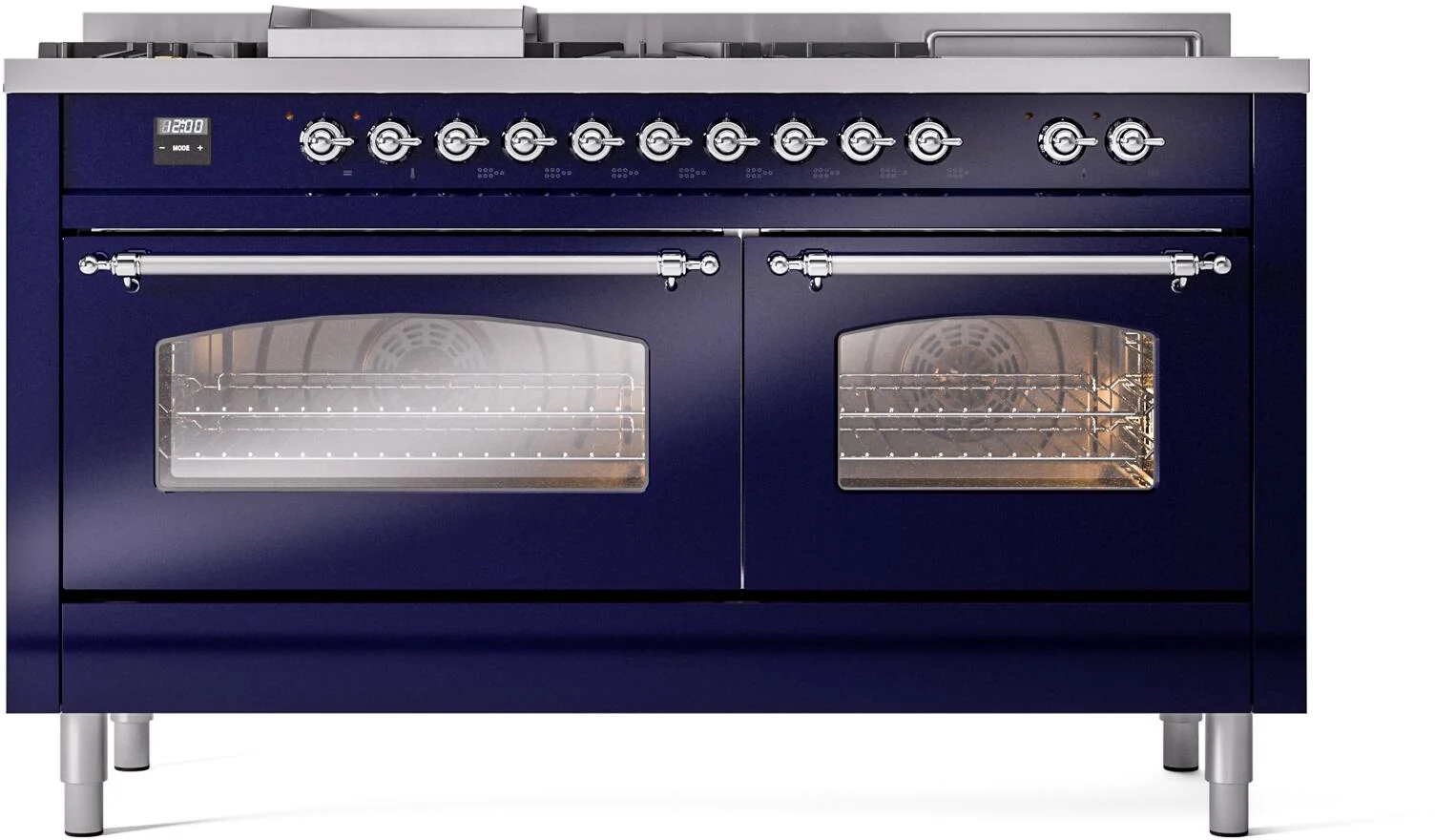 ILVE Nostalgie II 60-Inch Dual Fuel Range with 7 Burners, Griddle, & French Top with Triple Glass Door Oven in Midnight Blue with Chrome Trim (UP60FSNMPMBC)