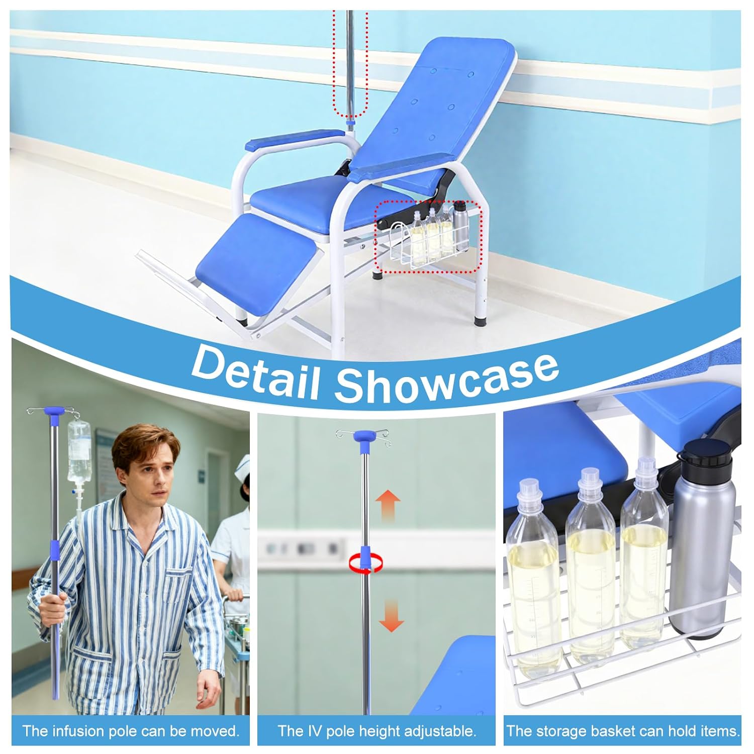 Adjustable Infusion Chair with IV Pole Stand, Lay Flat Medical Recliner Chairs, Hospital Phlebotomy Chair, Waiting Room Comfortable Padded Seat, Load Capacity 330 lbs