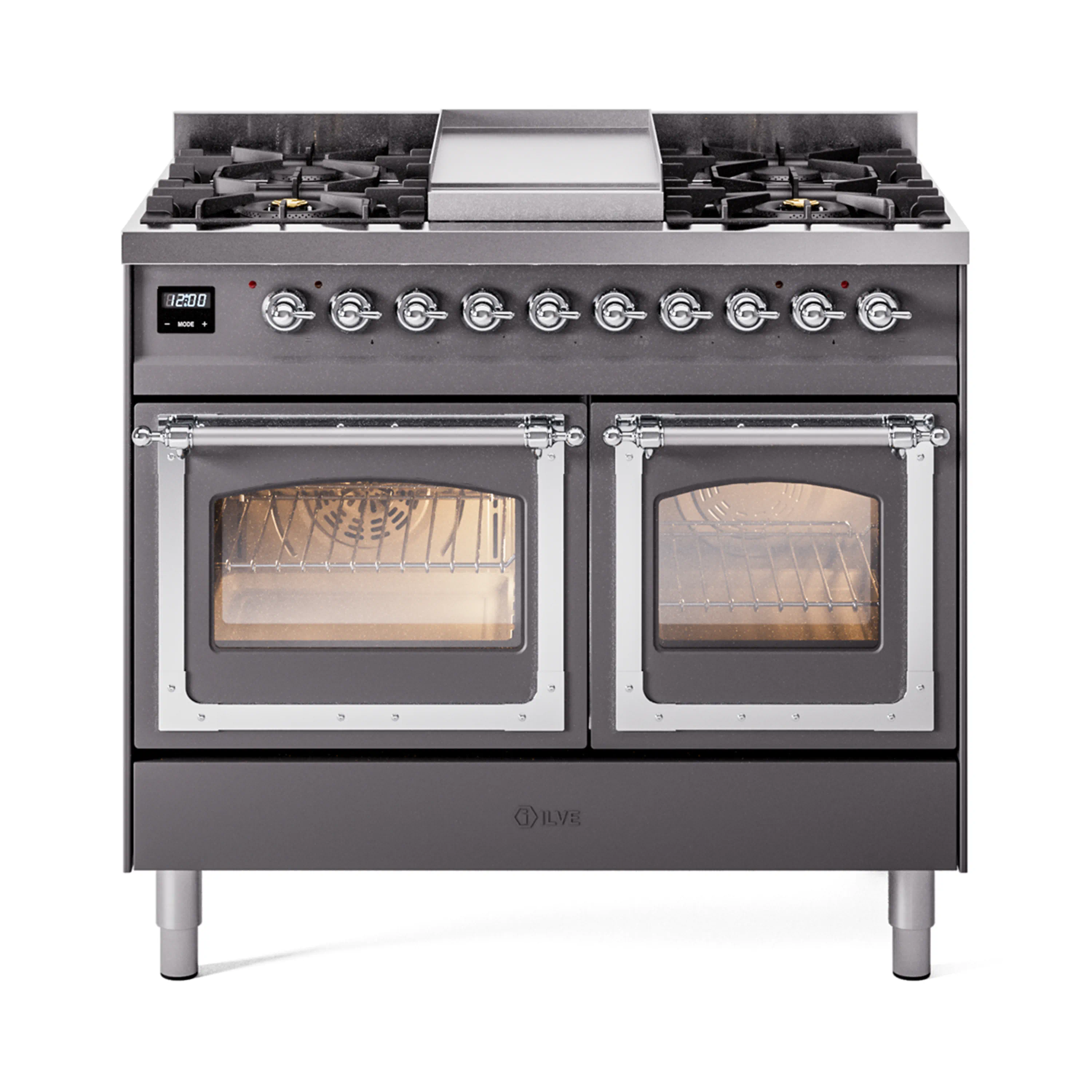 ILVE 40-Inch Nostalgie II Noblesse Dual Fuel Range with Triple Glass Door Oven in Matte Graphite with Chrome Trim (UND40FNMPMGC)