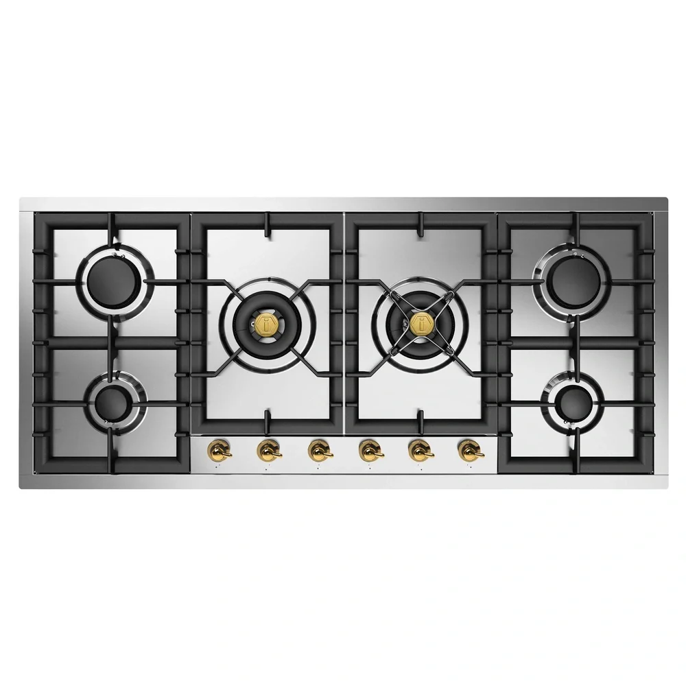 ILVE Nostalgie II 48-Inch Built-In Gas Cooktop with Total Black Brass Burners in Stainless Steel with 6 Sealed Burners (UHCPT125NSSG)