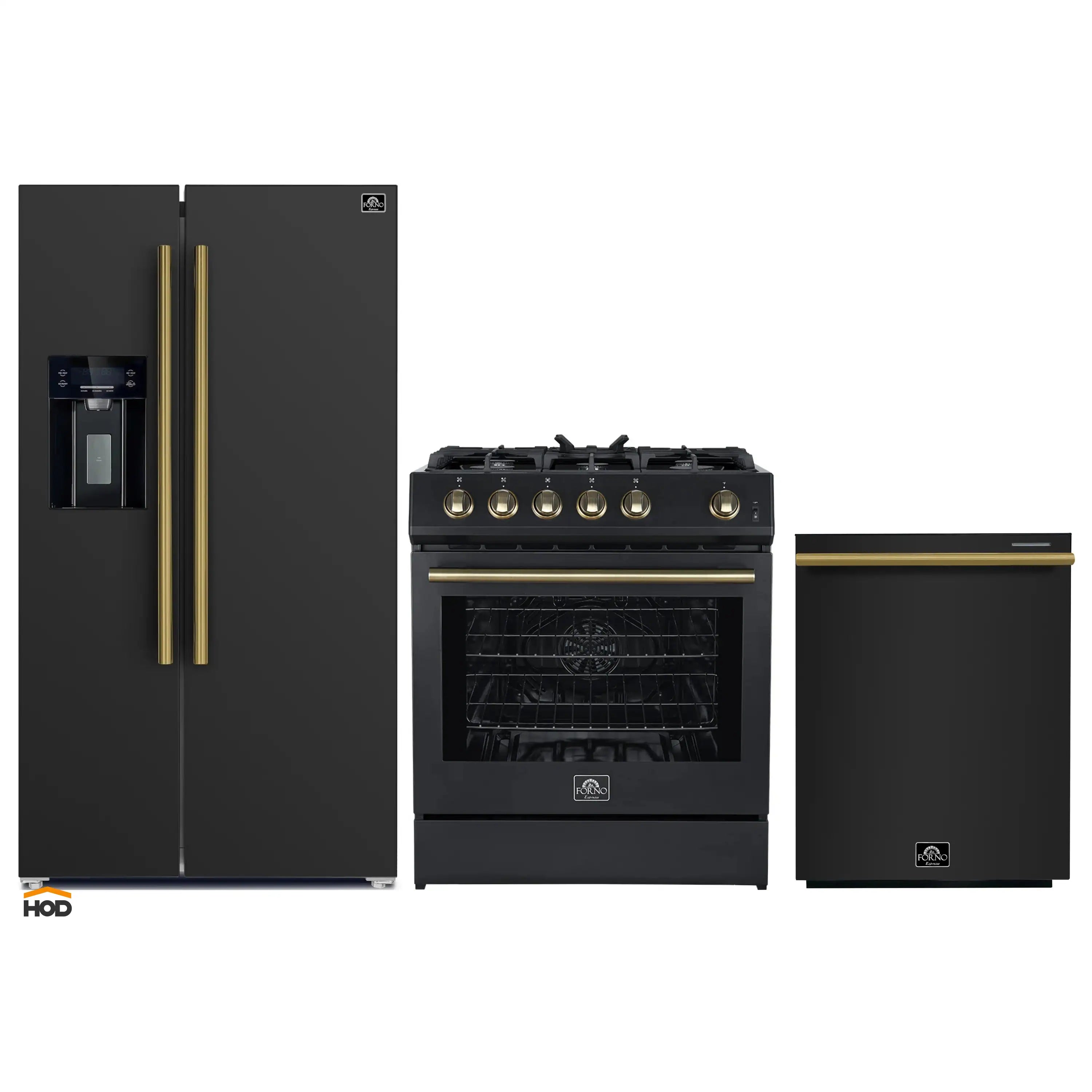 Forno 3-Piece Appliance Package - 30-Inch Gas Range, Refrigerator with Water Dispenser, and Dishwasher in Black with Antique Brass Trim