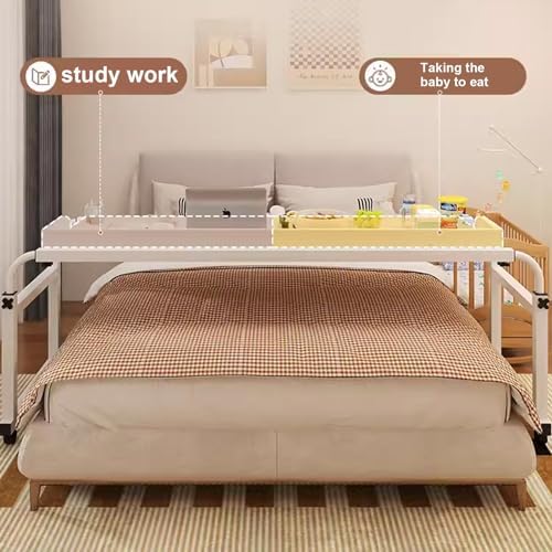 Over Bed Table with Wheels, Table Over Bed, Adjustable Overbed Table, Adjustable Height and Width Office Desk, Standing Workstation Laptop Cart, for Laptop, Eating, Home, Hospital (Color : W