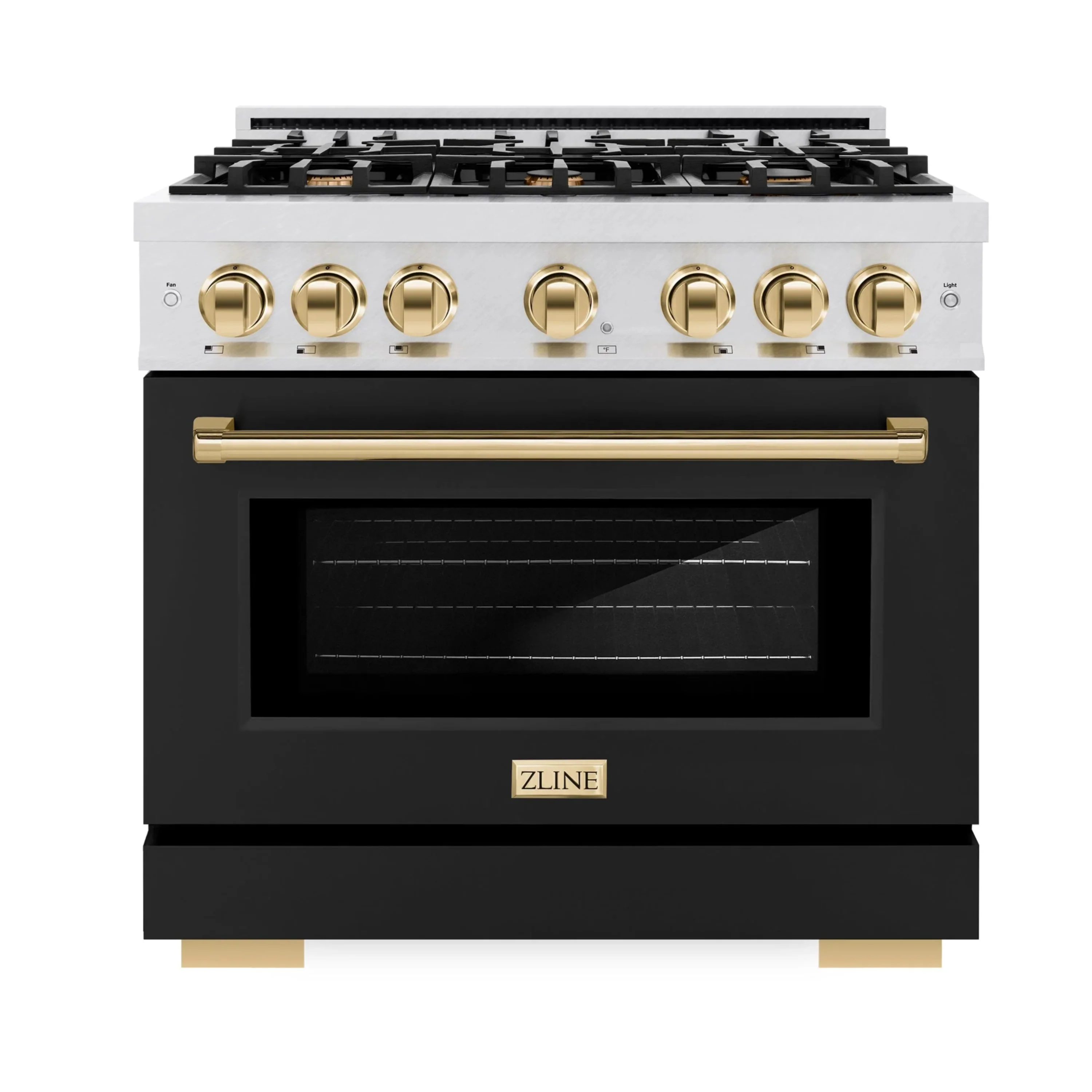 ZLINE 36-Inch Autograph Edition Dual Fuel Range in Satin Stainless Steel with Black Matte and Gold (HDRSZ-BLM-36-G)