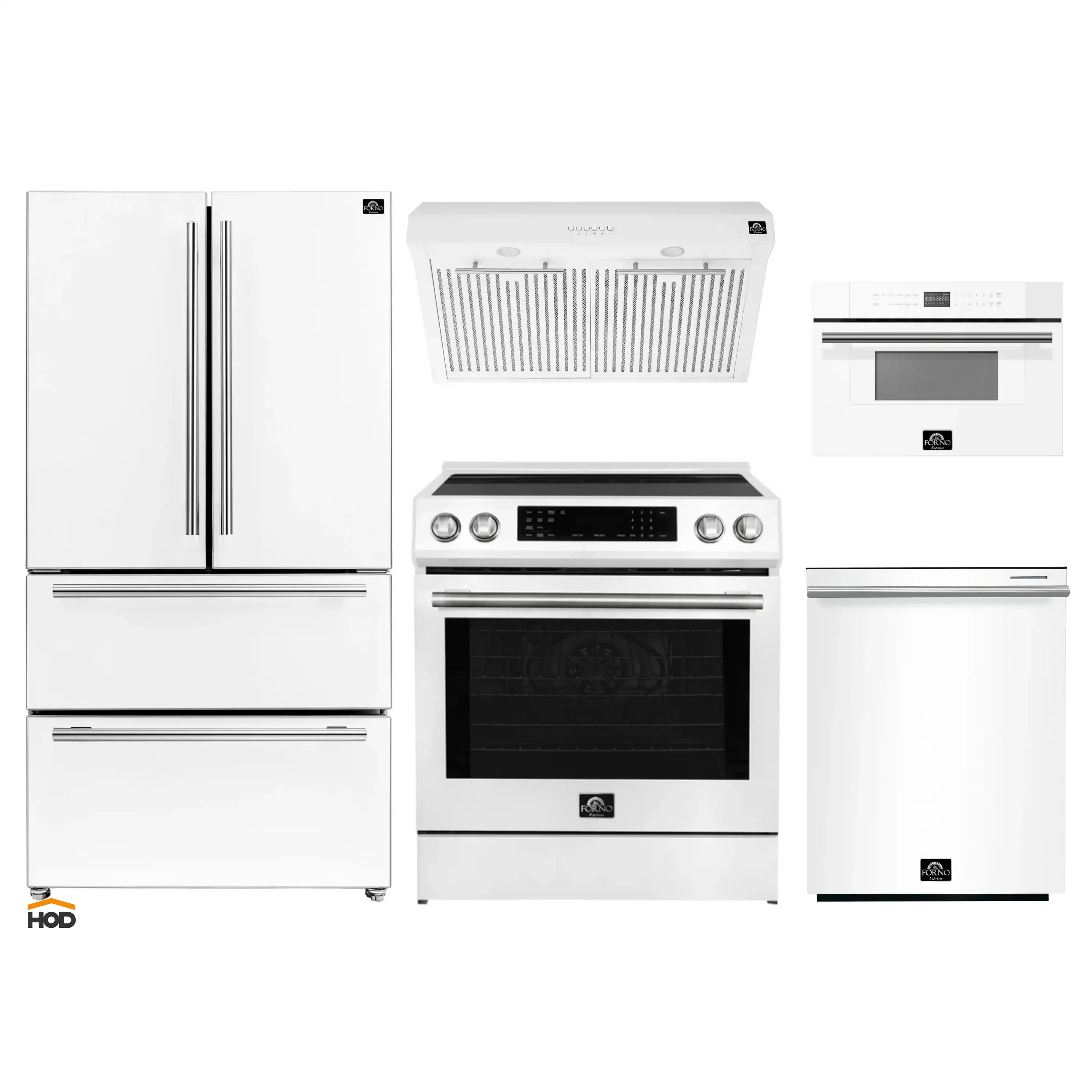Forno 5-Piece Appliance Package - 30-Inch Induction Range, Under Cabinet Range Hood, French Door Refrigerator, Dishwasher, and 30-Inch Microwave Drawer in White with Stainless Steel Handle