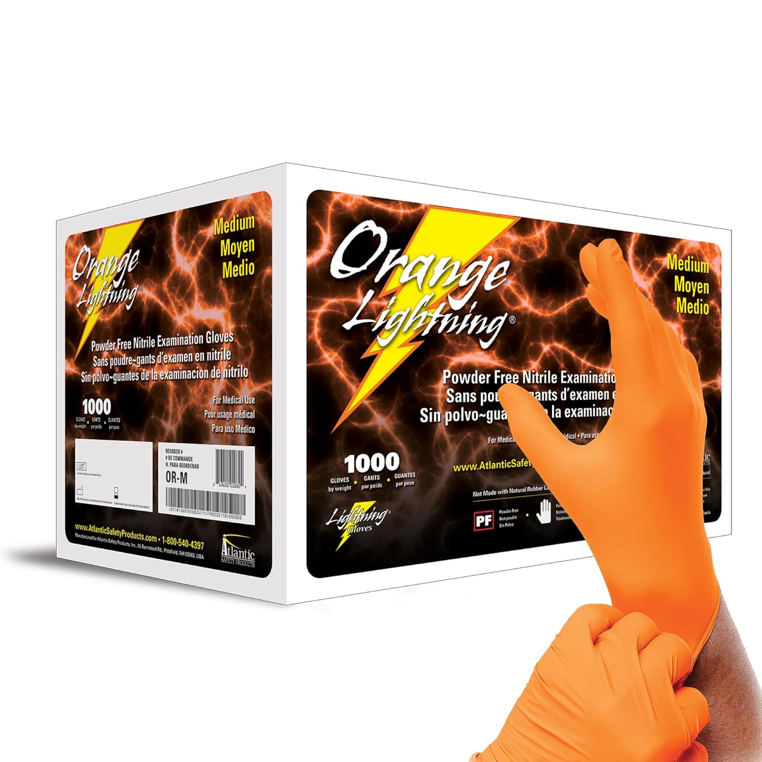 Atlantic Safety Products Orange Lightning Exam Gloves, Disposable, Powder-Free Nitrile Gloves, Orange, Medium, 1000-Ct