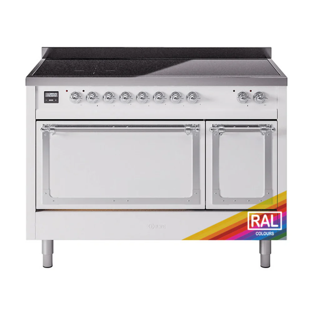 ILVE Nostalgie II Noblesse 48-Inch Induction Range with Solid Door Oven in Custom RAL with Chrome Trim (UNI486QNMPRAC)