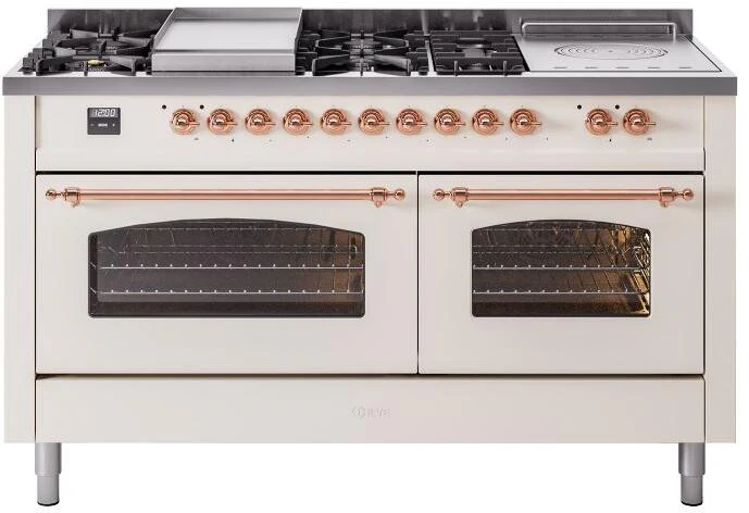 ILVE Nostalgie II 60-Inch Dual Fuel Range with 7 Burners, Griddle, & French Top with Triple Glass Door Oven in Antique White with Copper Trim (UP60FSNMPAWP)