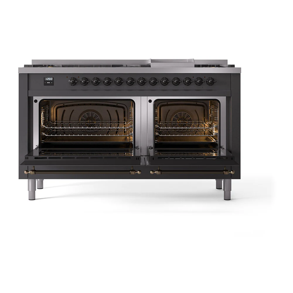 ILVE 60-Inch Nostalgie II Dual Fuel Range with 9 Burners, Griddle, and Solid Door Oven in Matte Graphite with Bronze Trim (UP60FQNMPMGB)