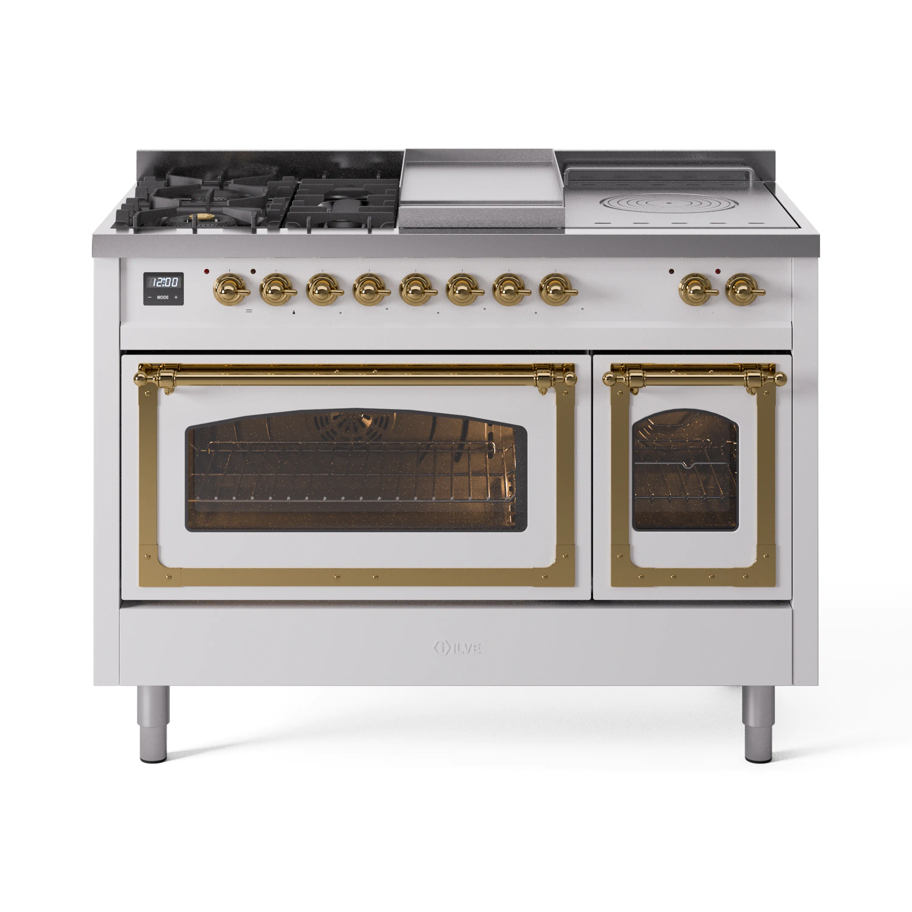 ILVE 48-Inch Nostalgie II Noblesse Dual Fuel Range with 5 Sealed Burners, Griddle, French Top and Triple Glass Door Oven in White with Brass Trim (UN48FSNMPWHG)