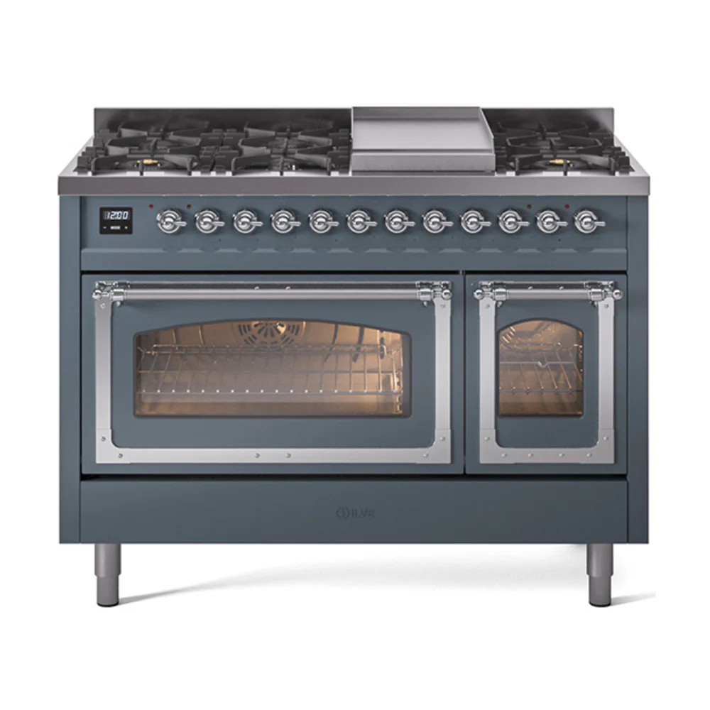 ILVE Nostalgie II Noblesse 48-Inch Dual Fuel Freestanding Range in Blue Grey with Chrome Trim (UN48FNMPBGC)