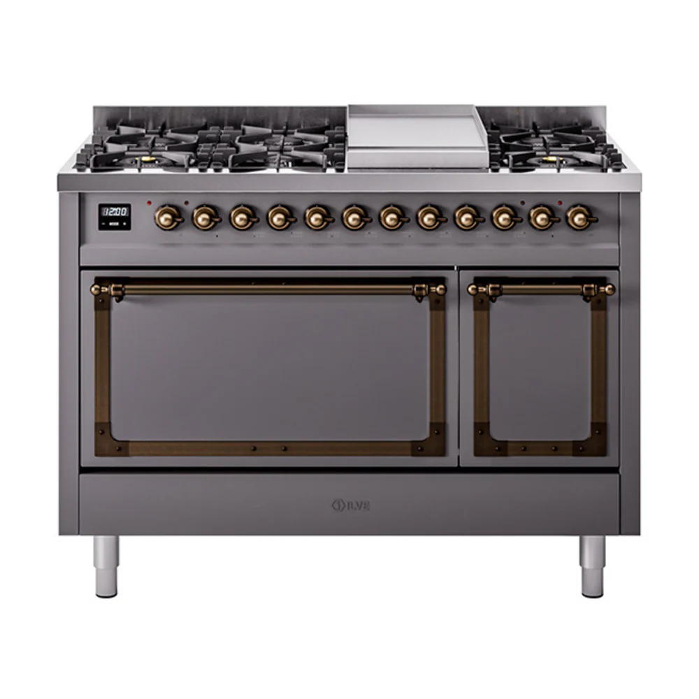 ILVE Nostalgie II Noblesse 48-Inch Dual Fuel Freestanding Range with Solid Door Oven in Matte Graphite with Bronze Trim (UN48FQNMPMGB)