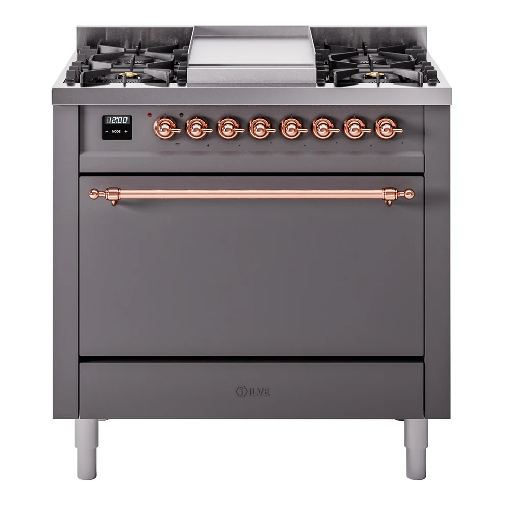ILVE 36-Inch Nostalgie II Dual Fuel Range with 6 Burners and Solid Door Oven in Matte Graphite with Copper Trim (UP36FQNMPMGP)
