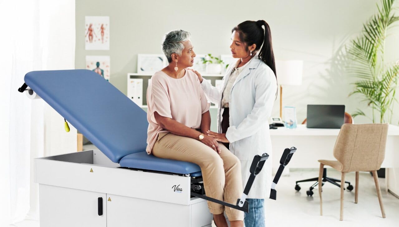 Slim Line Medical Exam Table with Stirrups, Blue, 420 lbs Weight Capacity