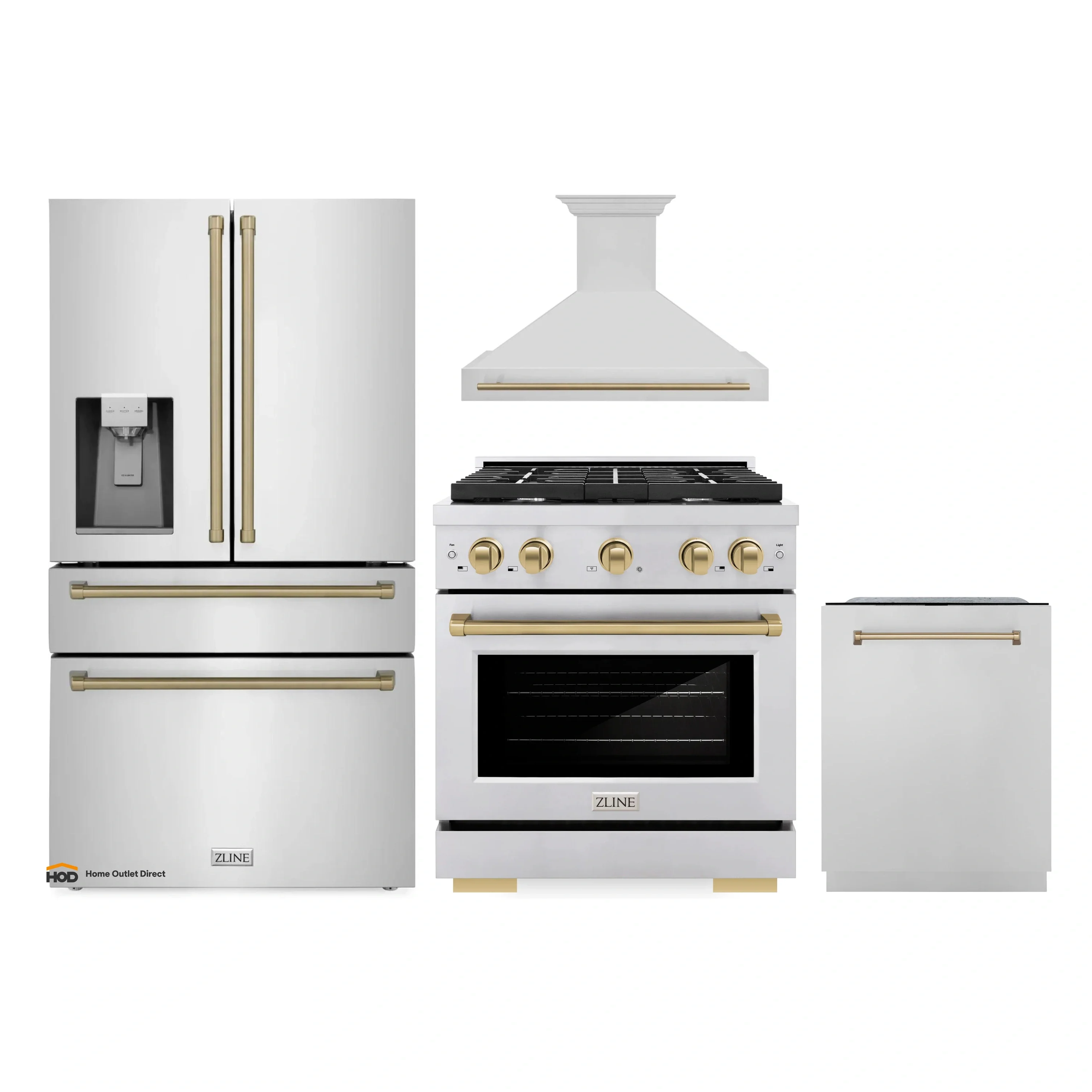 ZLINE Autograph Edition 4-Piece Appliance Package - 30-Inch Gas Range, Refrigerator with Water Dispenser, Wall Mounted Range Hood, & 24-Inch Tall Tub Dishwasher in Stainless Steel with Champagne Bronze Trim (4AKPR-SGRRHDWM30-CB)