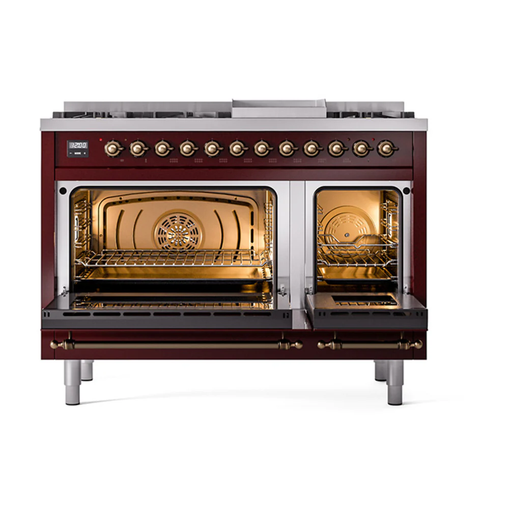 ILVE 48-Inch Nostalgie II Dual Fuel Range with 8 Burners, Griddle, and Solid Door Oven in Burgundy with Bronze Trim (UP48FQNMPBUB)