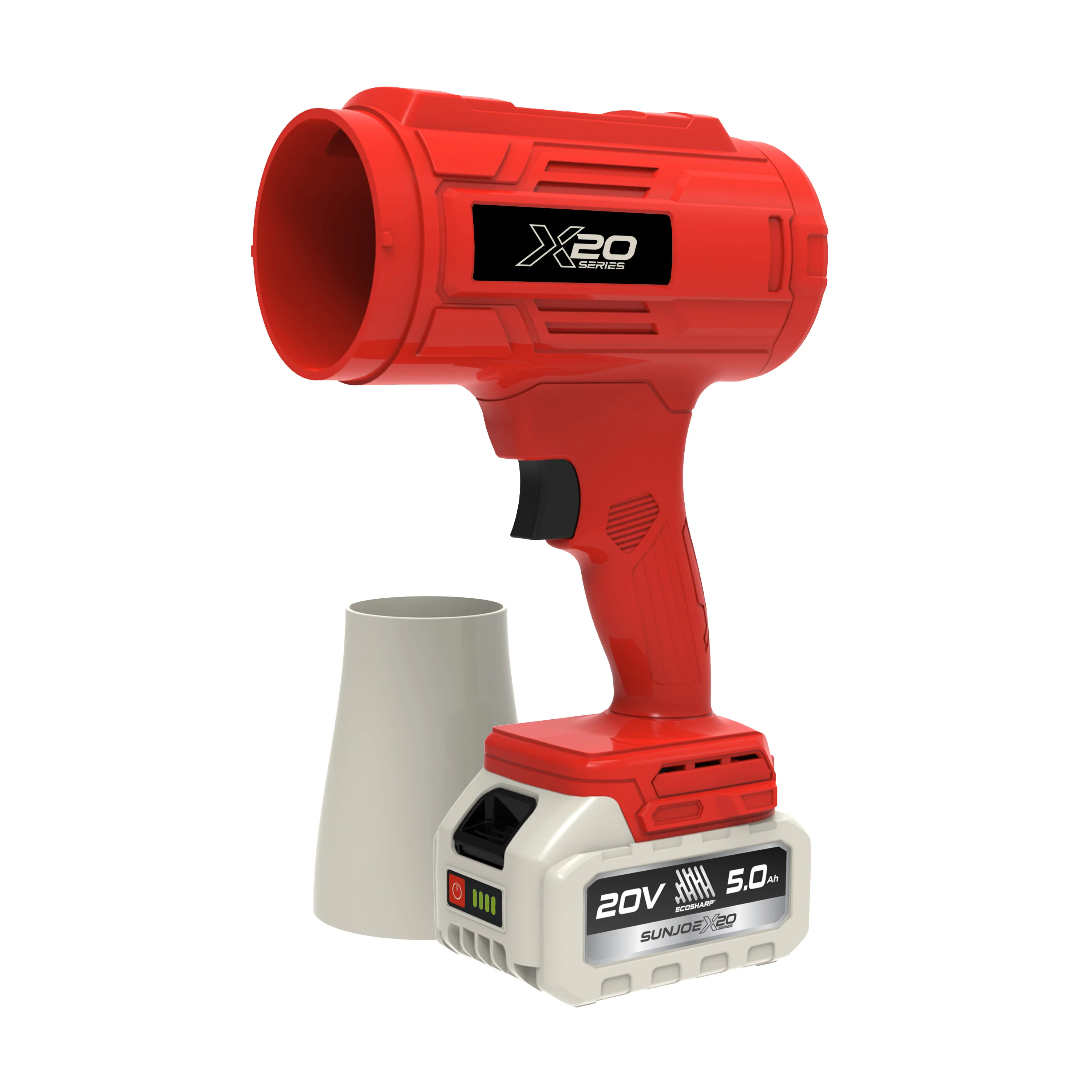 Sun Joe GO-SRMJET-5A-RED 20-Volt ECOSHARP Cordless X20 StormJet Handheld Turbo Blower  | 40 CFM | 5.0-Ah Battery + Charger (Red)