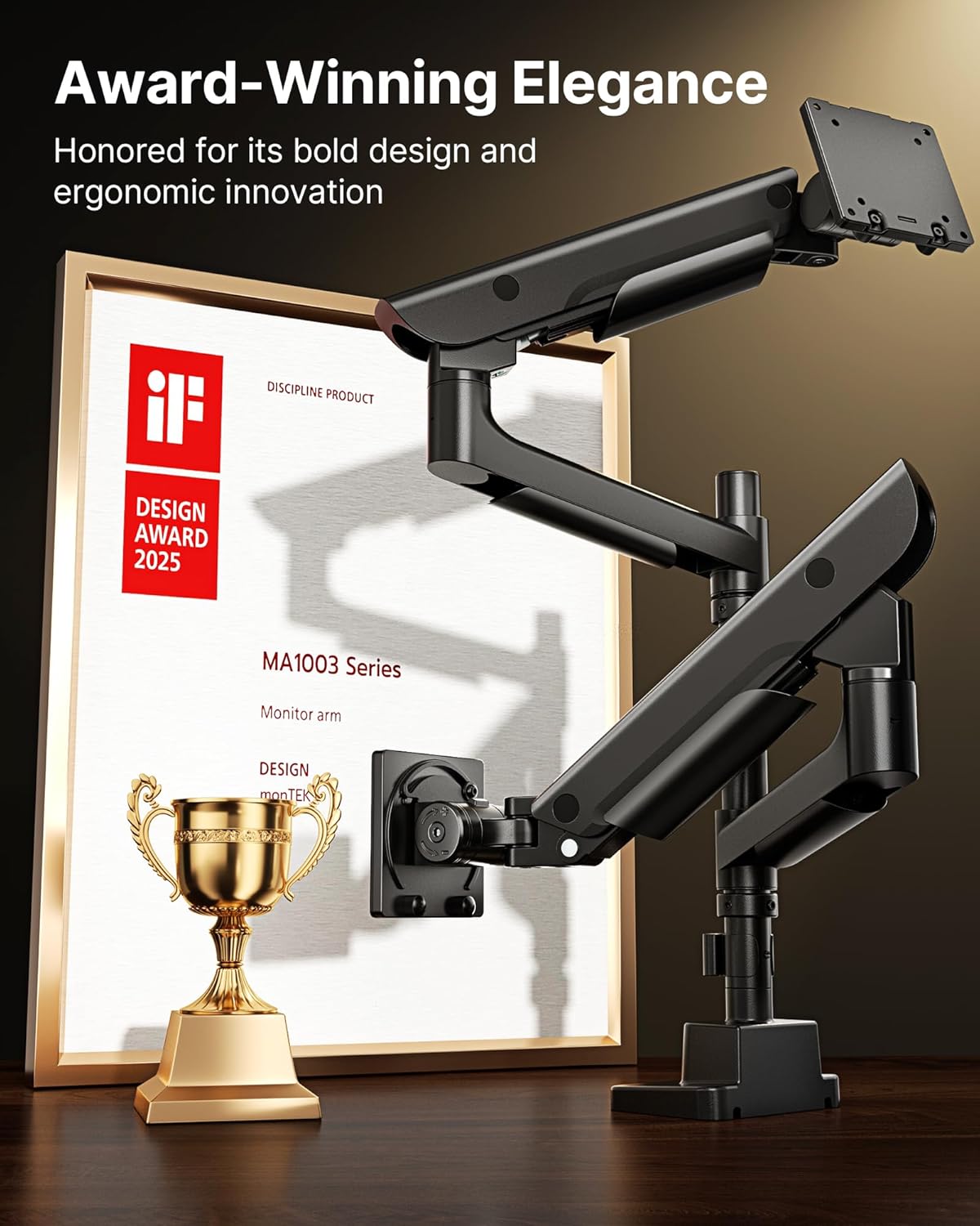 monTEK Sleek Aluminum Monitor Arm for 17–57” Ultrawide Screens up to 59.4 lbs, USB 3.0 A/C, Heavy Duty Dual Monitor Arm Desk Mount, Pneumatic Lift, Quick-Release Plate, Clamp/Grommet, Max VESA 100x100