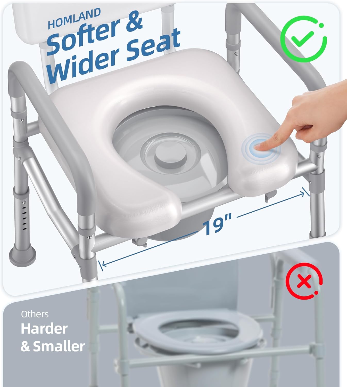 HOMLAND Bedside Commode with Padded Seat and Backrest, Aluminum Commode Toilet with Bucket, Easy Cleaning Portable Toilet for Adults and Seniors, 350 lb Capacity Enhanced Crossbar