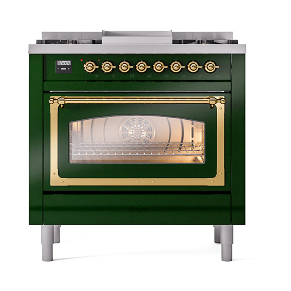 ILVE Nostalgie II Noblesse 36-Inch Dual Fuel Range and Triple Glass Door in Emerald Green with Brass Trim (UN36FNMPEGG)