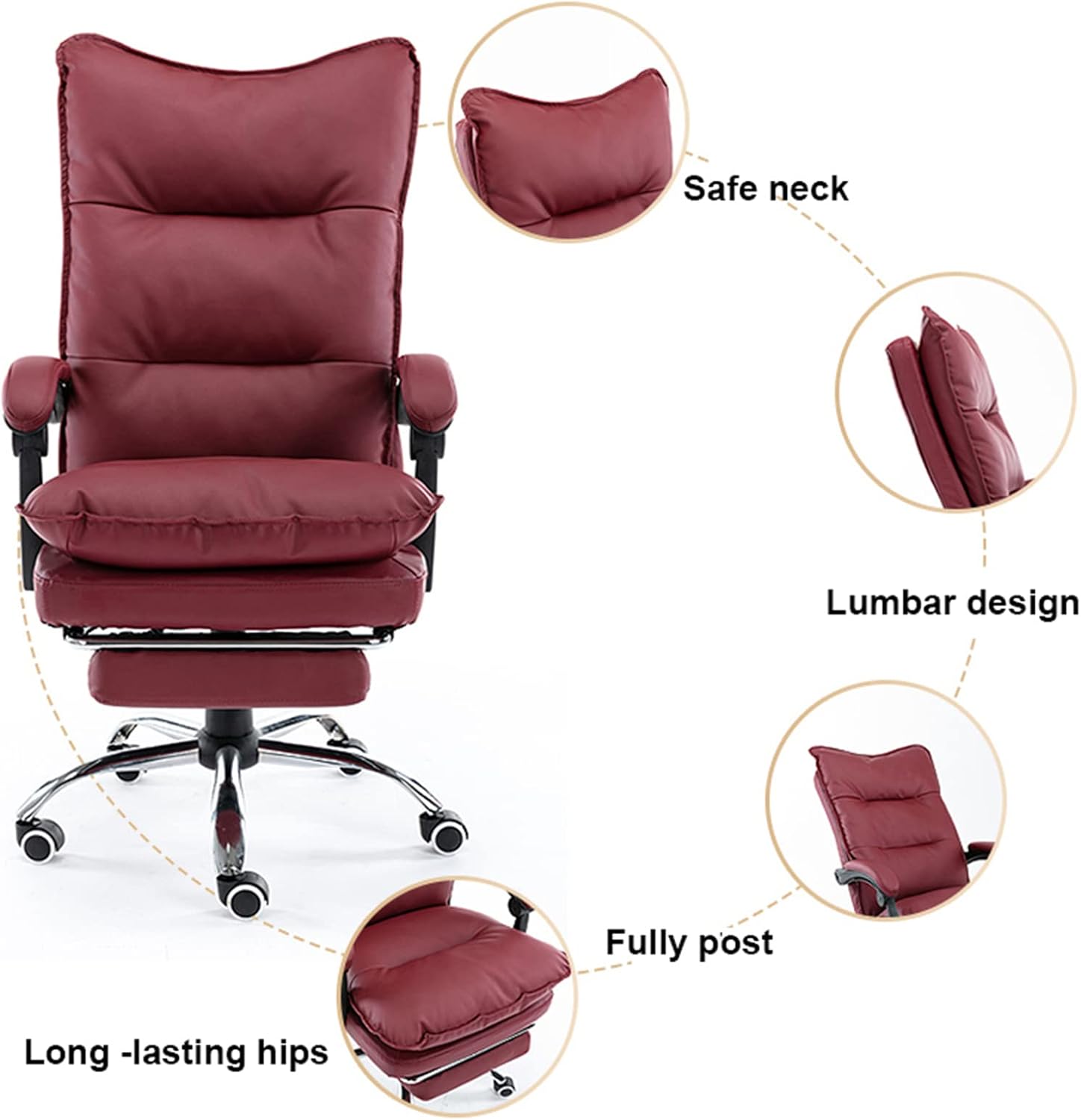 Reclining Office Chair with Footrest,Leather Managerial Chair,High Back Executive Office Chair Lumbar Support,with 170° Backrest Tilt Function and Padded Armrests,RedCoffee-A