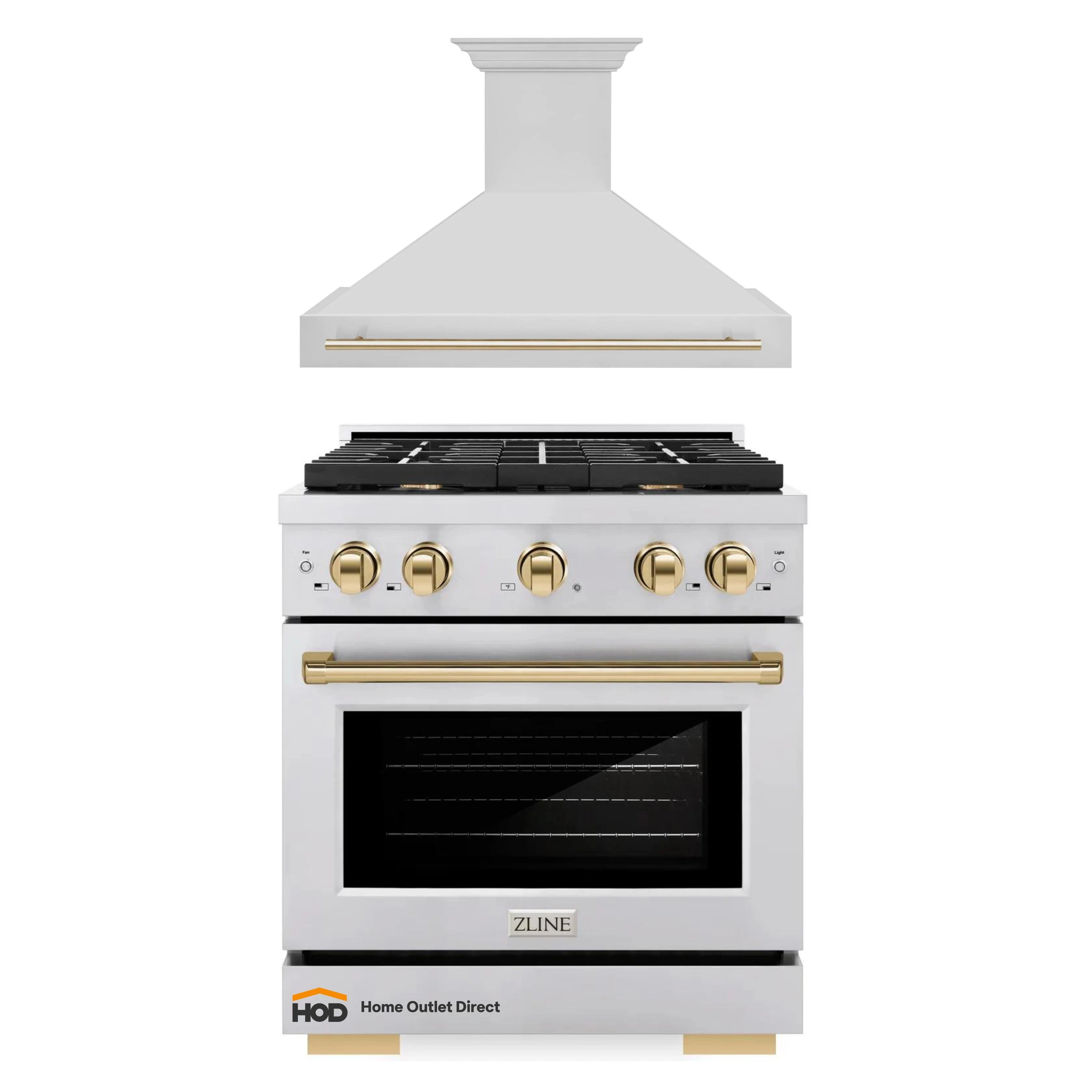 ZLINE Autograph Edition 2-Piece Appliance Package - 30-Inch Gas Range & Wall Mounted Range Hood in Stainless Steel with Gold Trim (2AKP-SGRRH30-G)