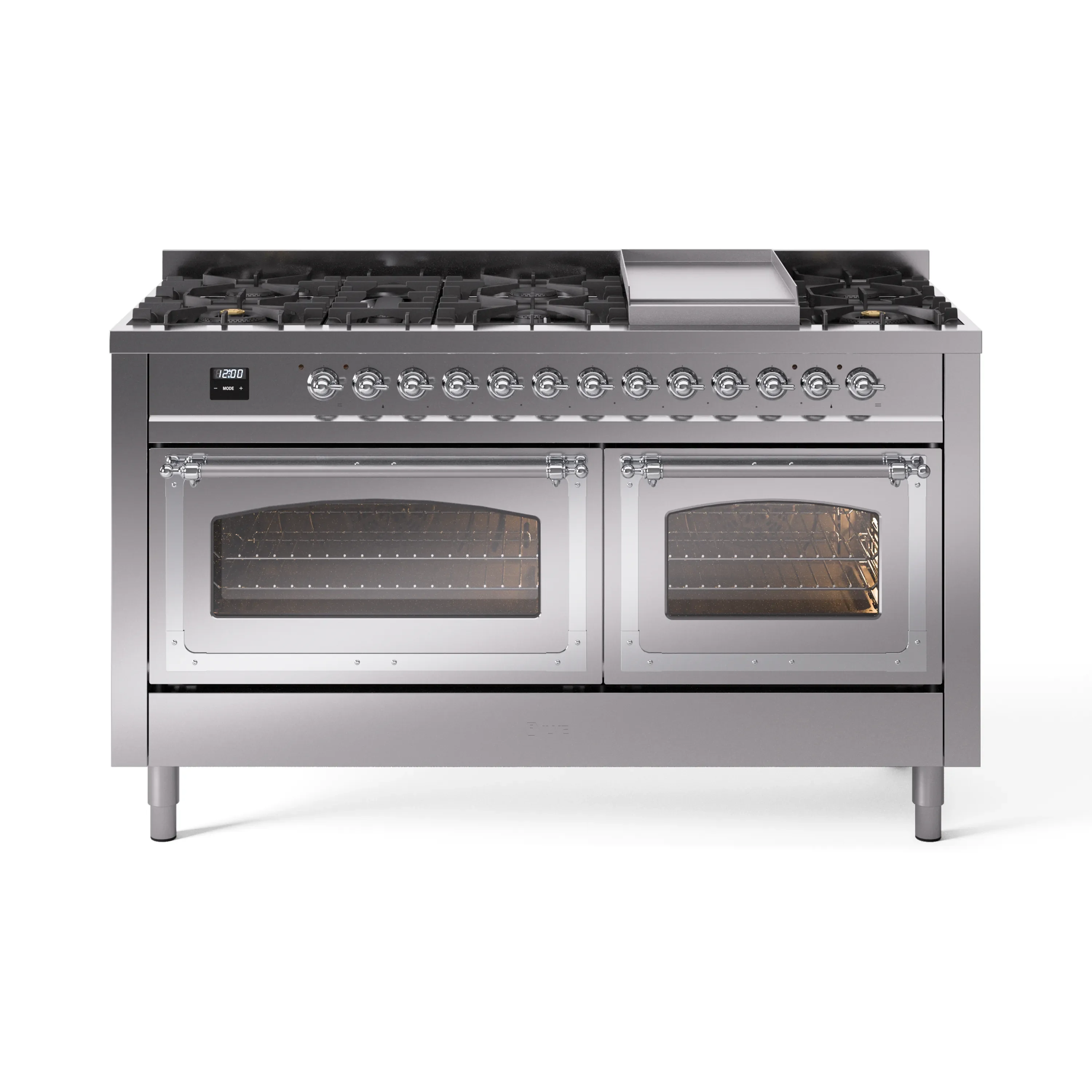 ILVE 60-Inch Nostalgie II Noblesse Dual Fuel Range with 9 Sealed Burners, Griddle, Triple Glass Door Oven in Stainless Steel with Chrome Trim (UN60FNMPSSC)