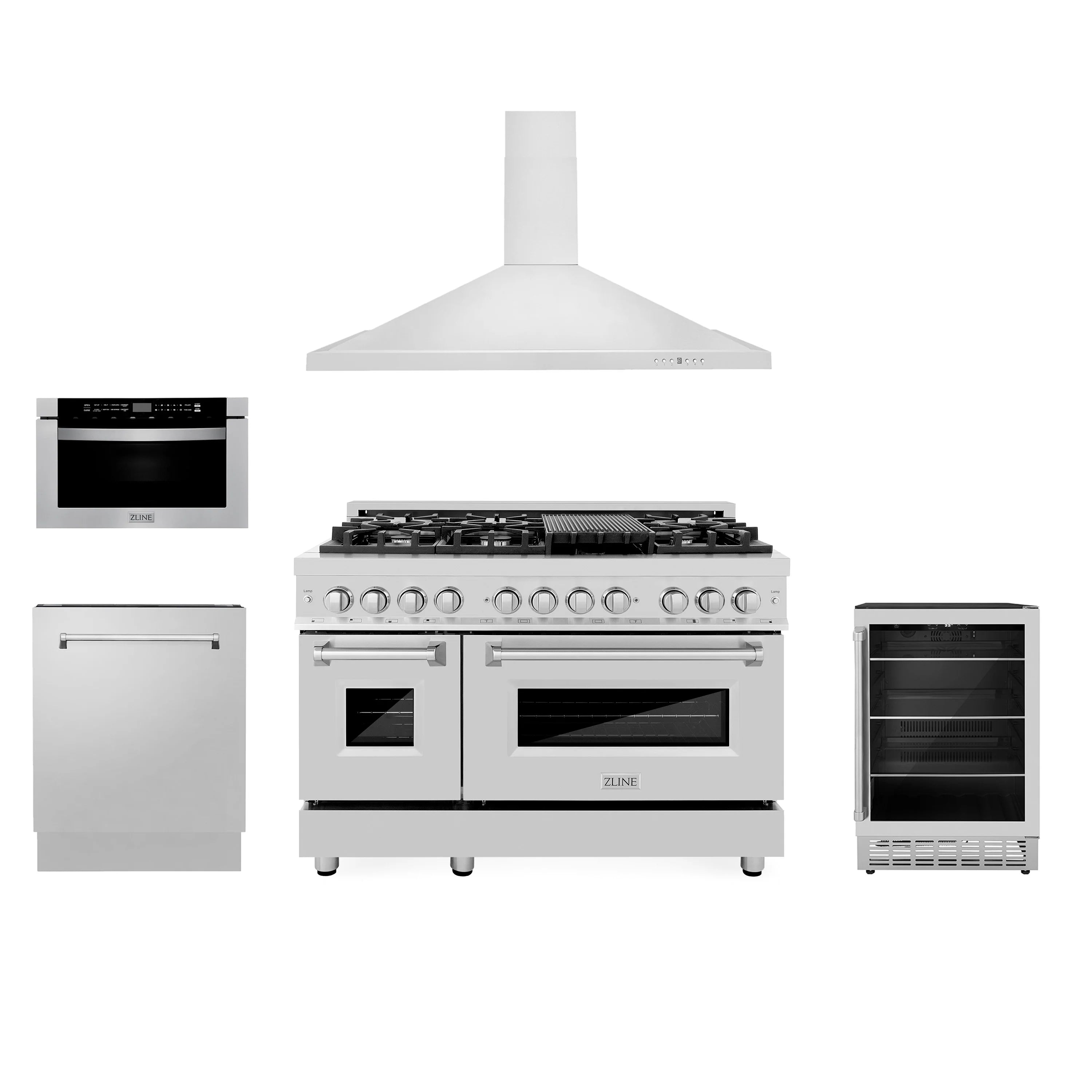 ZLINE Appliance Package - 48-Inch Dual Fuel Range, Range Hood, Microwave Drawer, Tall Tub Dishwasher and Beverage Fridge in Stainless Steel (5KP-RARH48-MWDWV-RBV)