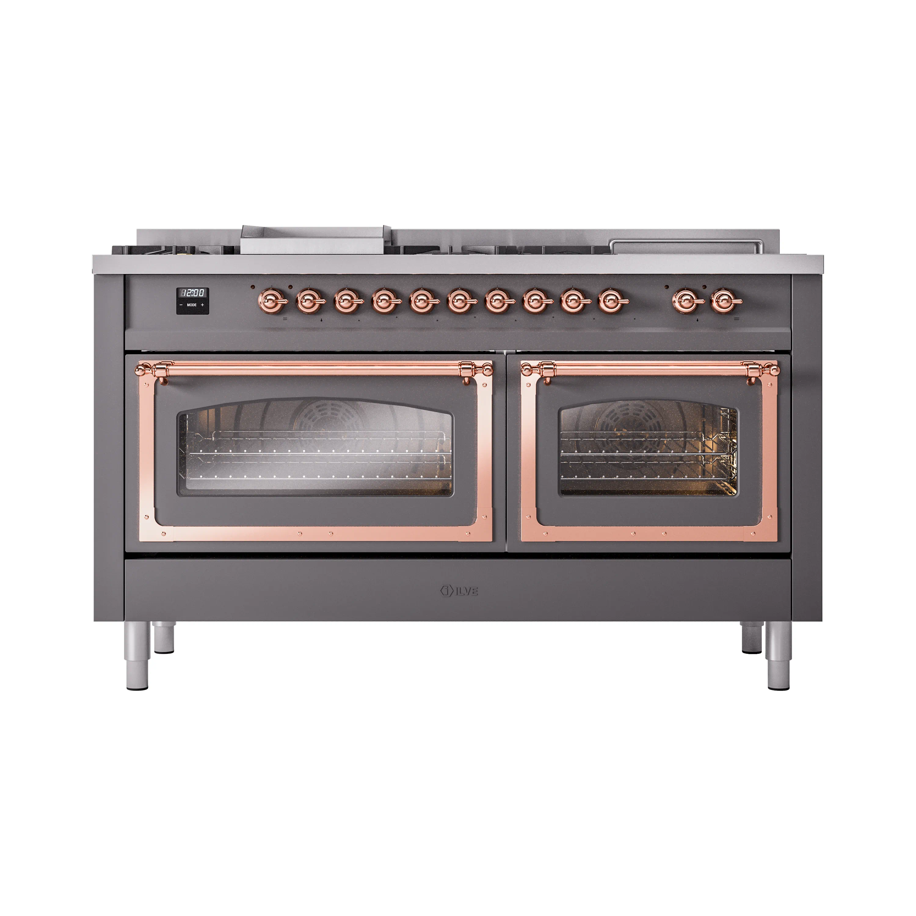 ILVE 60-Inch Nostalgie II Noblesse Dual Fuel Range with 7 Sealed Burners, Griddle, French Top, and Triple Glass Door Oven in Matte Graphite with Copper Trim (UN60FSNMPMGP)