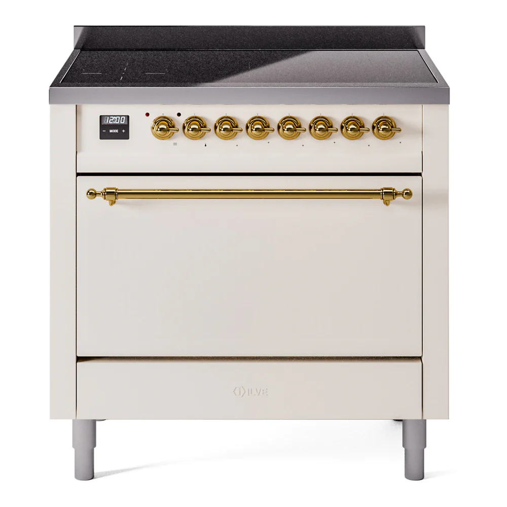 ILVE 36-Inch Nostalgie II Induction Range with Solid Door Oven in Antique White with Brass Trim (UPI366QNMPAWG)