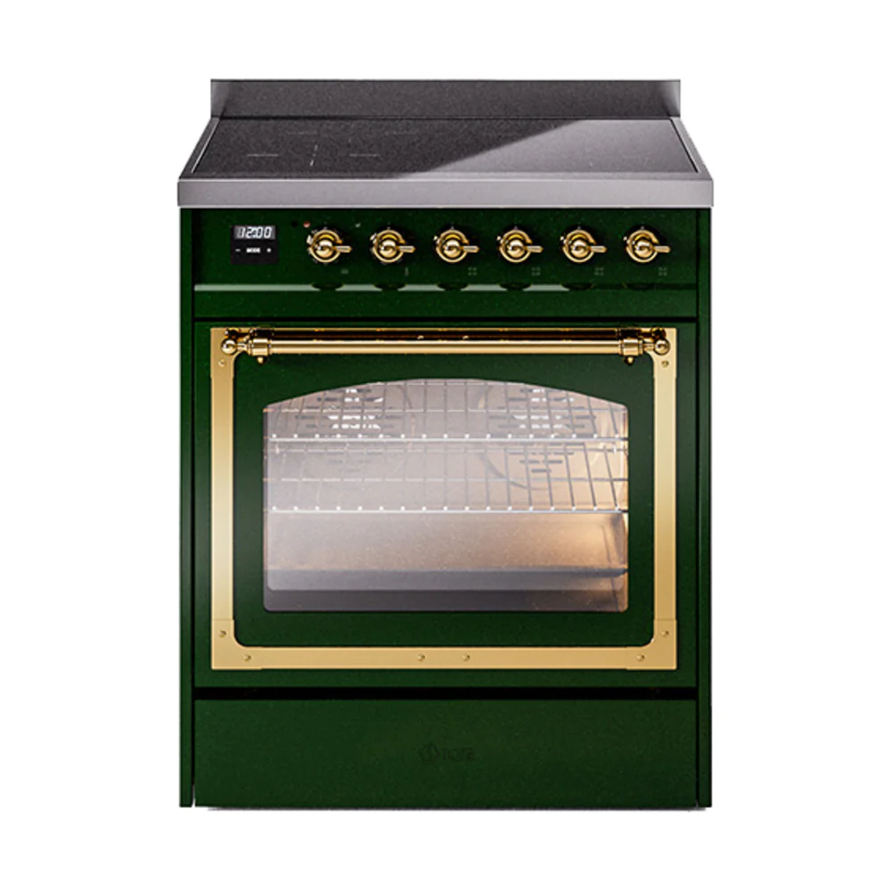 ILVE Nostalgie II Noblesse 30-Inch Induction Range with Triple Glass Door in Emerald Green with Brass Trim (UNI304NMPEGG)
