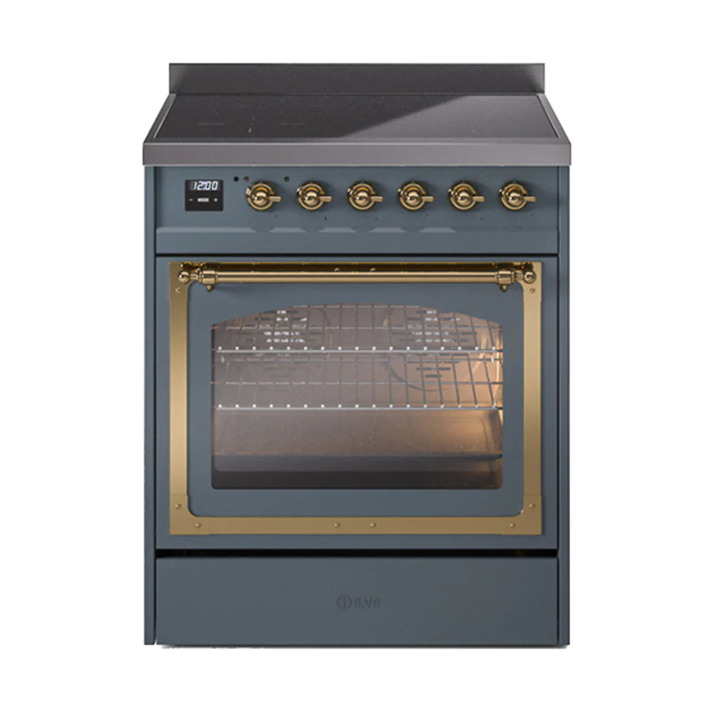 ILVE Nostalgie II Noblesse 30-Inch Induction Range with Triple Glass Door in Blue Grey with Brass Trim (UNI304NMPBGG)