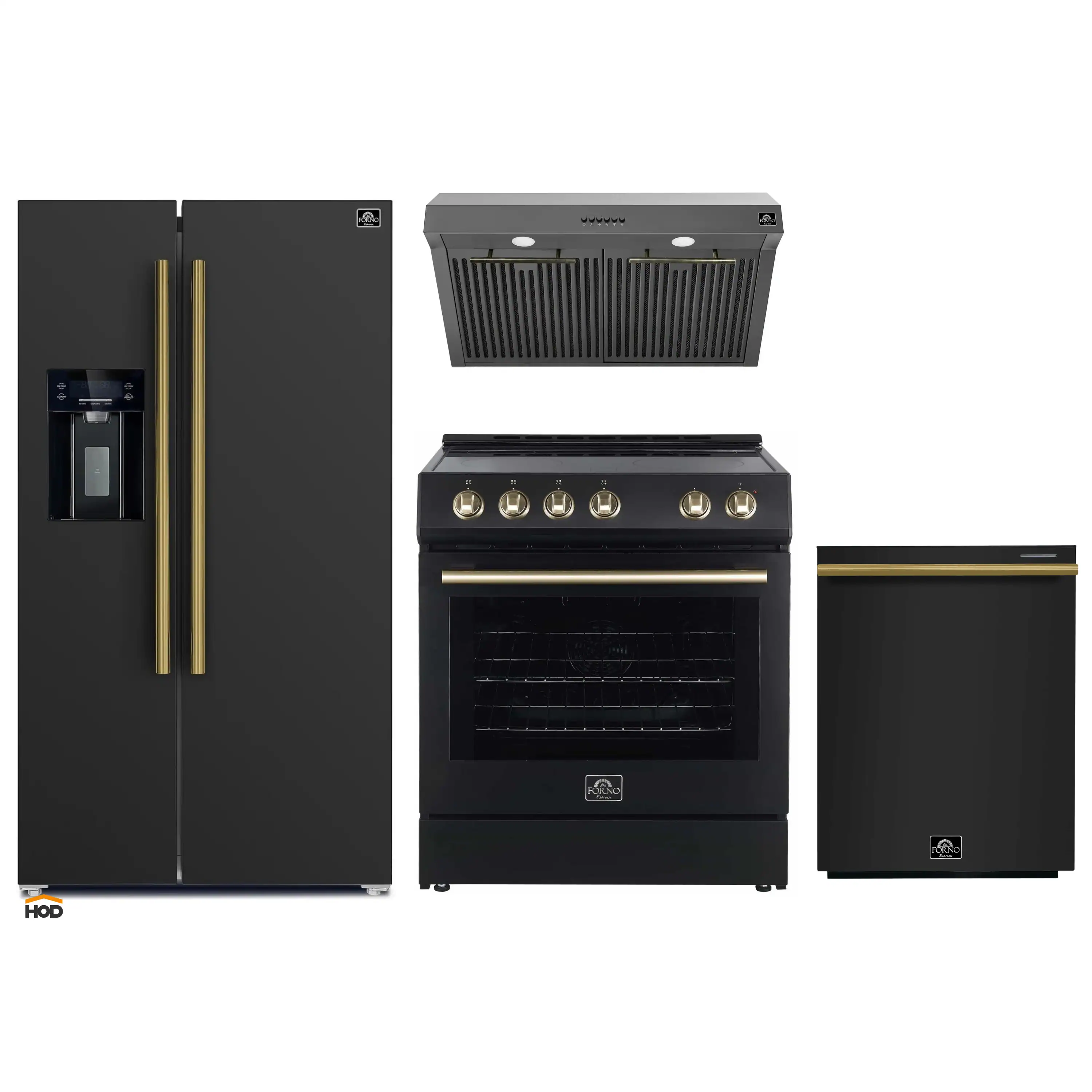 Forno Espresso 4-Piece Appliance Package - 30-Inch Electric Range, Under Cabinet Range Hood, Refrigerator with Water Dispenser and Dishwasher in Black with Antique Brass Trim