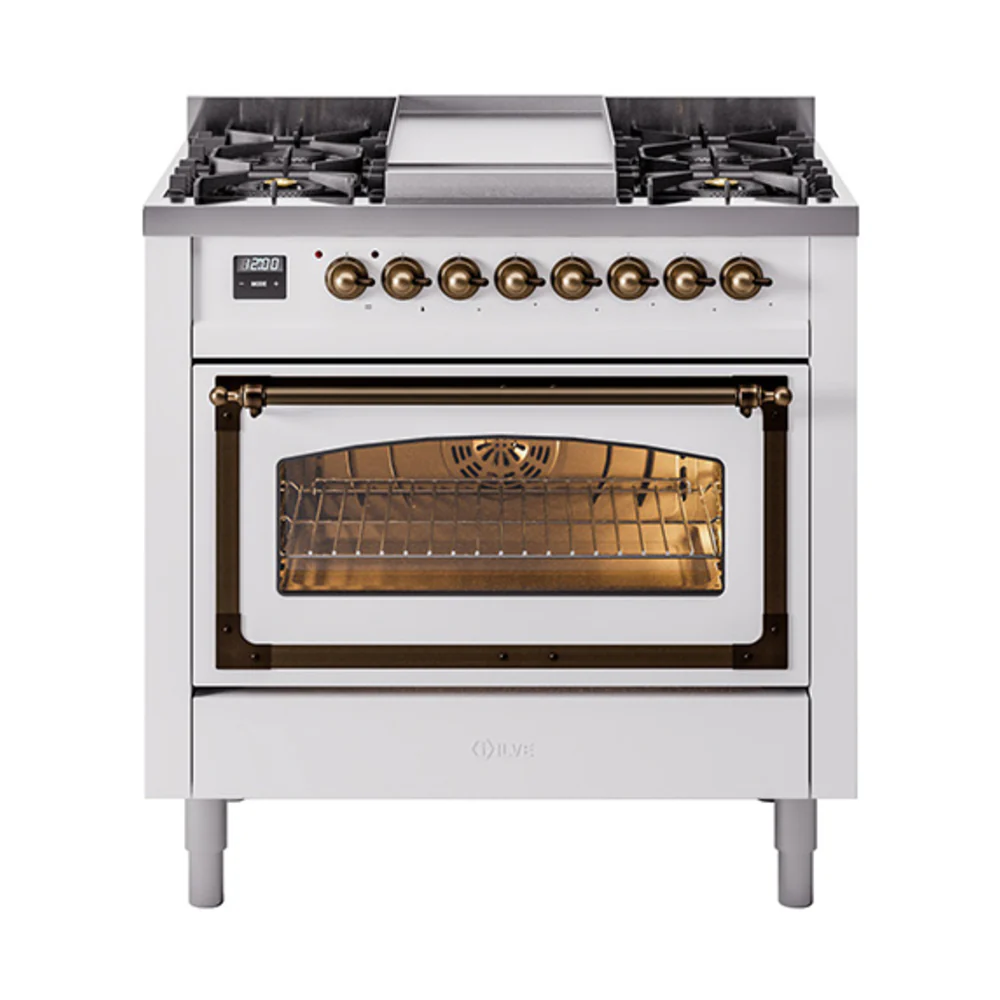 ILVE Nostalgie II Noblesse 36-Inch Dual Fuel Range and Triple Glass Door in White with Bronze Trim (UN36FNMPWHB)