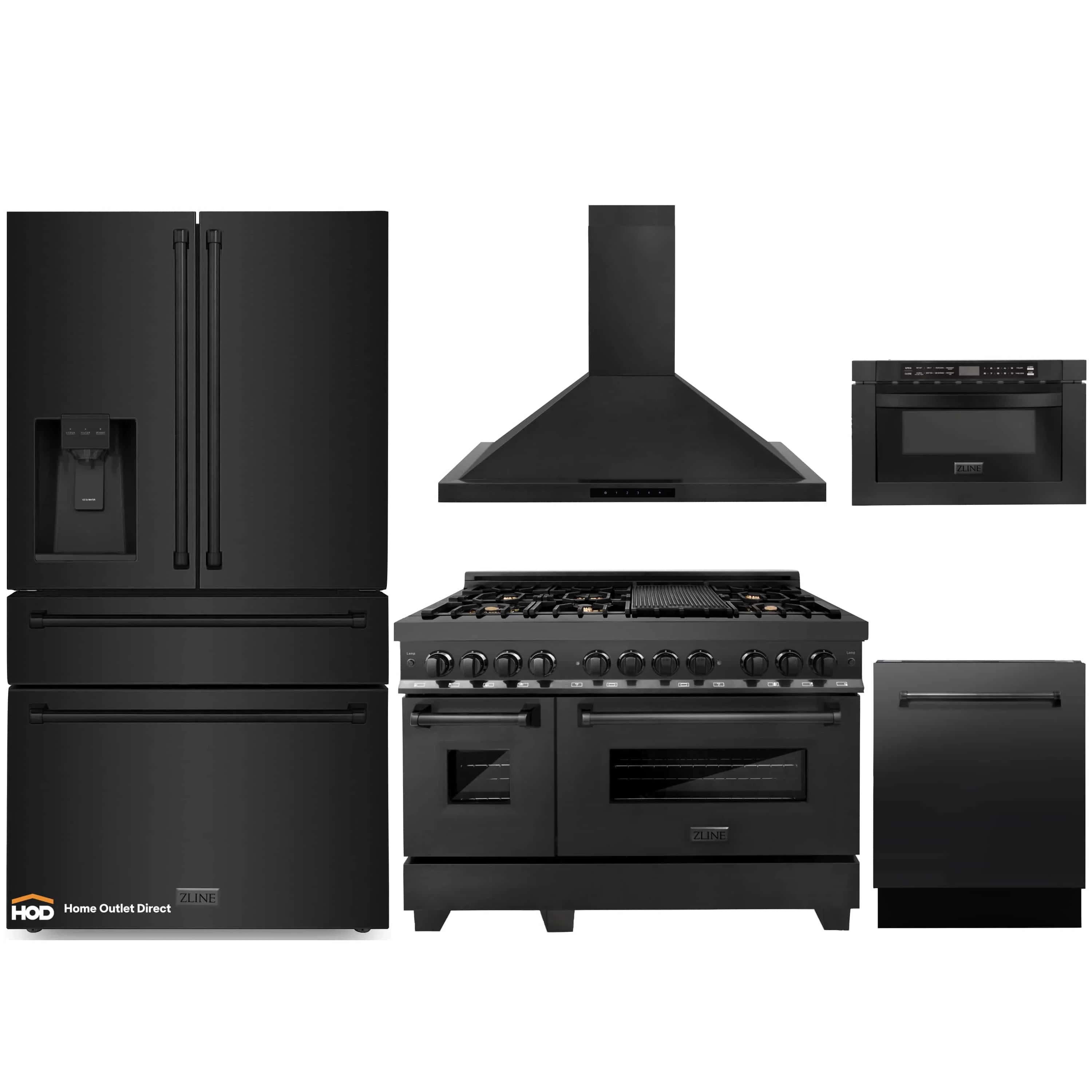 ZLINE 5-Piece Appliance Package - 48-Inch Dual Fuel Range with Brass Burners, Refrigerator with Water Dispenser, Convertible Wall Mount Hood, Microwave Drawer, and 3-Rack Dishwasher in Black Stainless Steel (5KPRW-RABRH48-MWDWV)