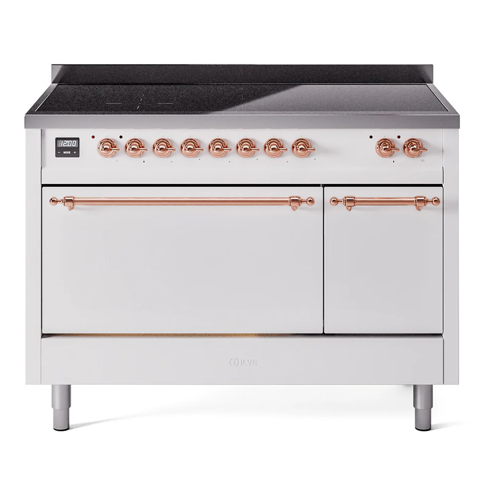 ILVE 48-Inch Nostalgie II Induction Range with Solid Door Oven in Stainless Steel with White with Copper Trim (UPI486QNMPWHP)