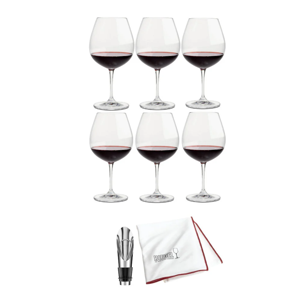 Riedel Vinum Pinot Noir Glass (6-Pack) with Wine Pourer and Polishing Cloth