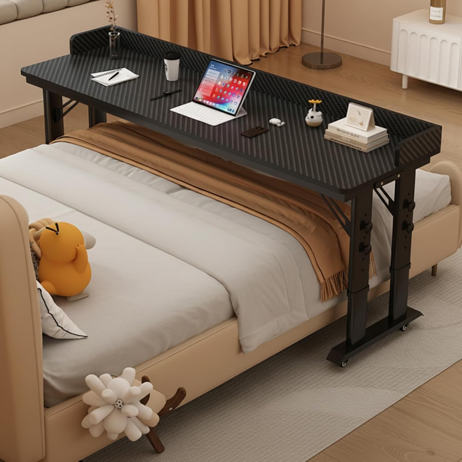Over Bed Table with Wheels, Over The Bed Desk with Baffle Adjustable Height, Dual-Leg Design, Mobile Laptop Cart Computer Desk for Home, Hospital, Dorm Use