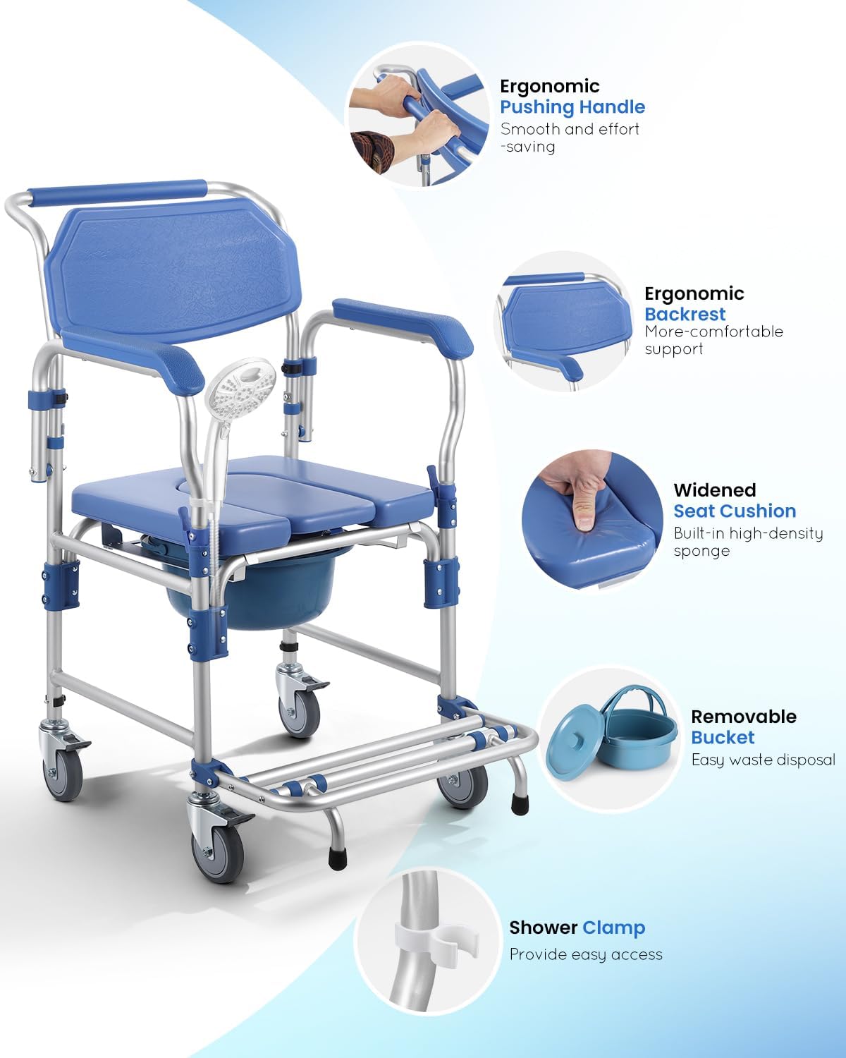 Bedside Commode Wheelchair with Drop Arms & Lockable Casters, Waterproof Aluminum Shower Chair, Anti-Tilt Foldable Footrest, Sponge Padded Seat, 330lbs Weight Capacity, 3 in 1 Bedside Commode Chair