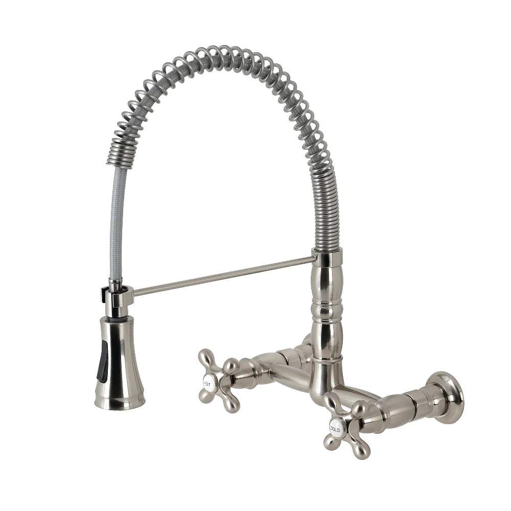 Kingston Brass Gourmetier Heritage Double-Handle Wall-Mount Pre-Rinse Bridge Kitchen Faucet, Brushed Nickel (GS1248AX)