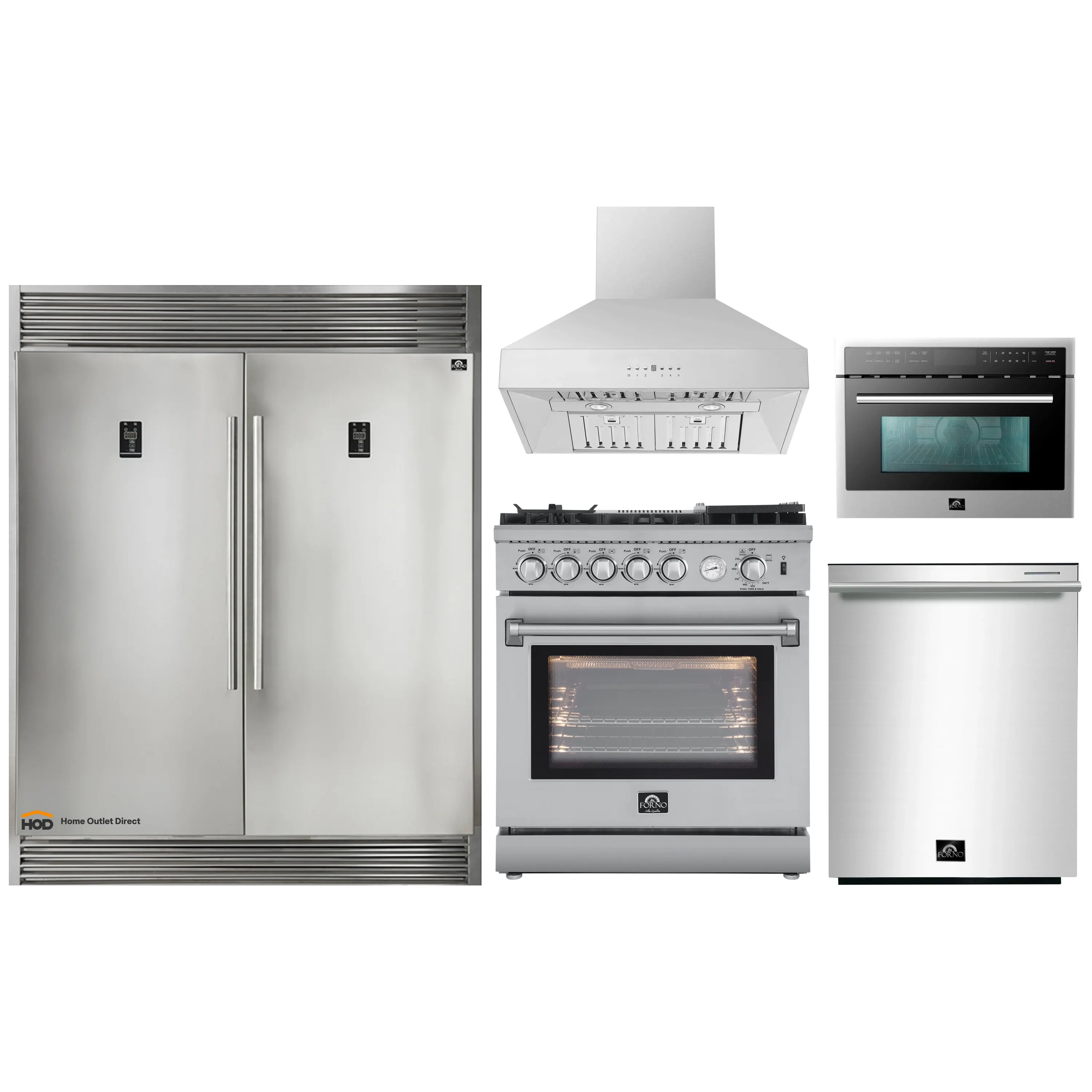 Forno 5-Piece Appliance Package - 30-Inch Gas Range with Air Fryer, 60-Inch Pro-Style Refrigerator, Wall Mount Hood, 24-Inch Microwave Oven, & 3-Rack Dishwasher in Stainless Steel