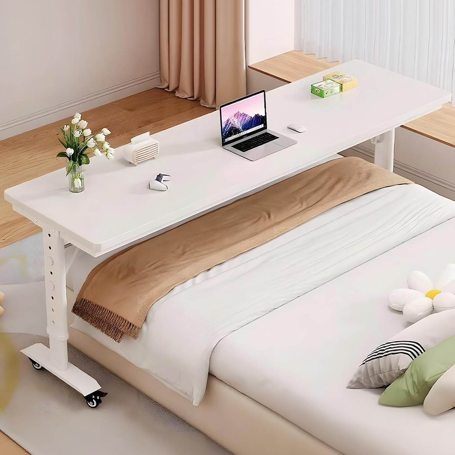 Over The Bed Table with Wheels, Adjustable Height Overbed Desk, Rolling Over Bed Desk, Giant Portable Mobile Laptop Cart for Computer, Bedroom Work, 90.6