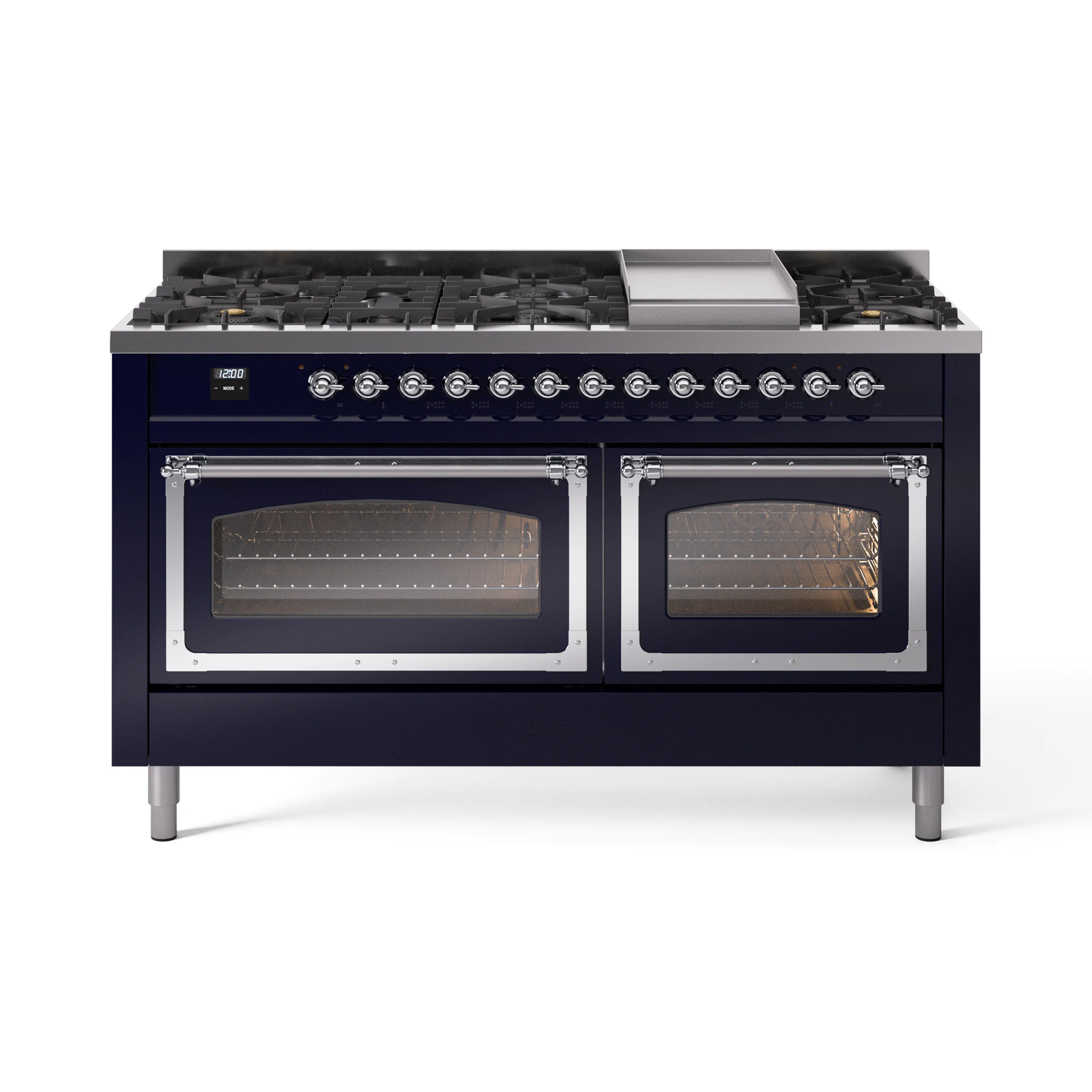 ILVE 60-Inch Nostalgie II Noblesse Dual Fuel Range with 9 Sealed Burners, Griddle, Triple Glass Door Oven in Midnight Blue with Chrome Trim (UN60FNMPMBC)