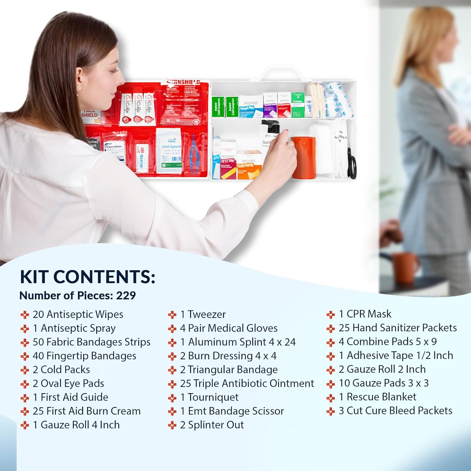 MFASCO 2-Shelf OSHA Compliant First Aid Kit - Wall Mount Metal Cabinet - 227 Pieces - Workplace Safety - Commercial, Office, Kitchen, for Home & Business Emergency Kit