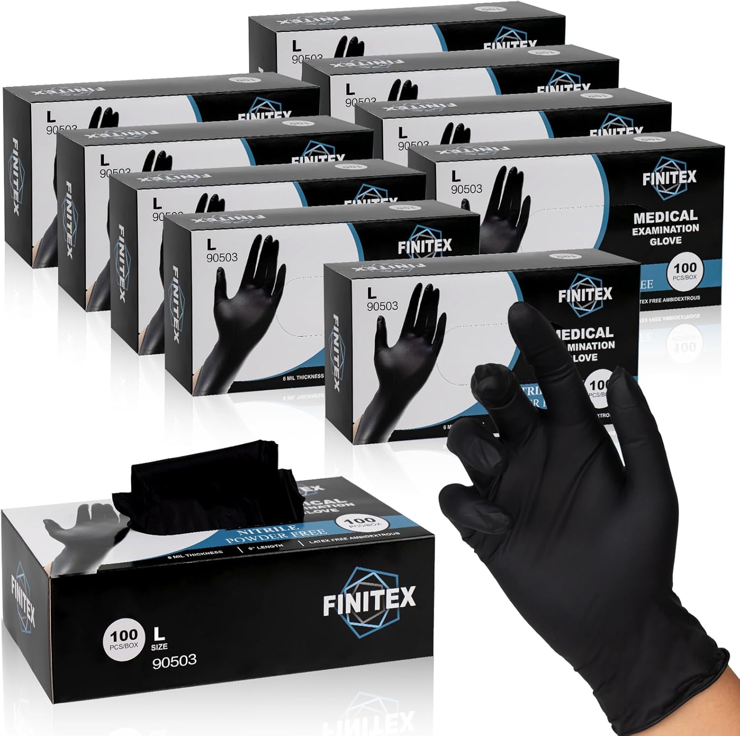 FINITEX Black Nitrile Disposable Medical Exam Gloves - 100/1000 PCS 6.3mil Powder-Free Latex-Free Food Gloves