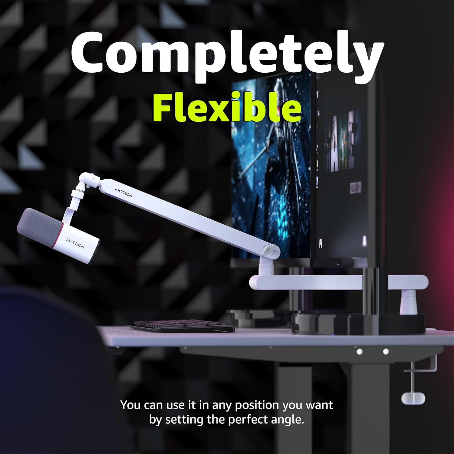 IXTECH White Microphone Boom Arm Stand Low Profile Boom Arm Adjustable Mic Stand with Built In Cable Management 360° Swivel Mic Arm.